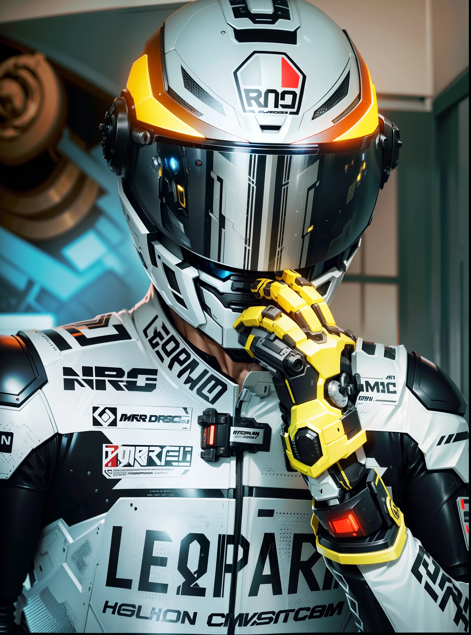 Handsome full-body black mech Cyber handsome warrior,Information mechanical motorcycle,High-tech black full enveloping helmet,Nousr, Biomechanicals, MSHN Robot Man,High-tech helmet,hyper realisitc, Steel, Complex design, insanely details, finely detailled, Extremely clear lines, cinmatic lighting, photograph realistic, A detailed masterpiece