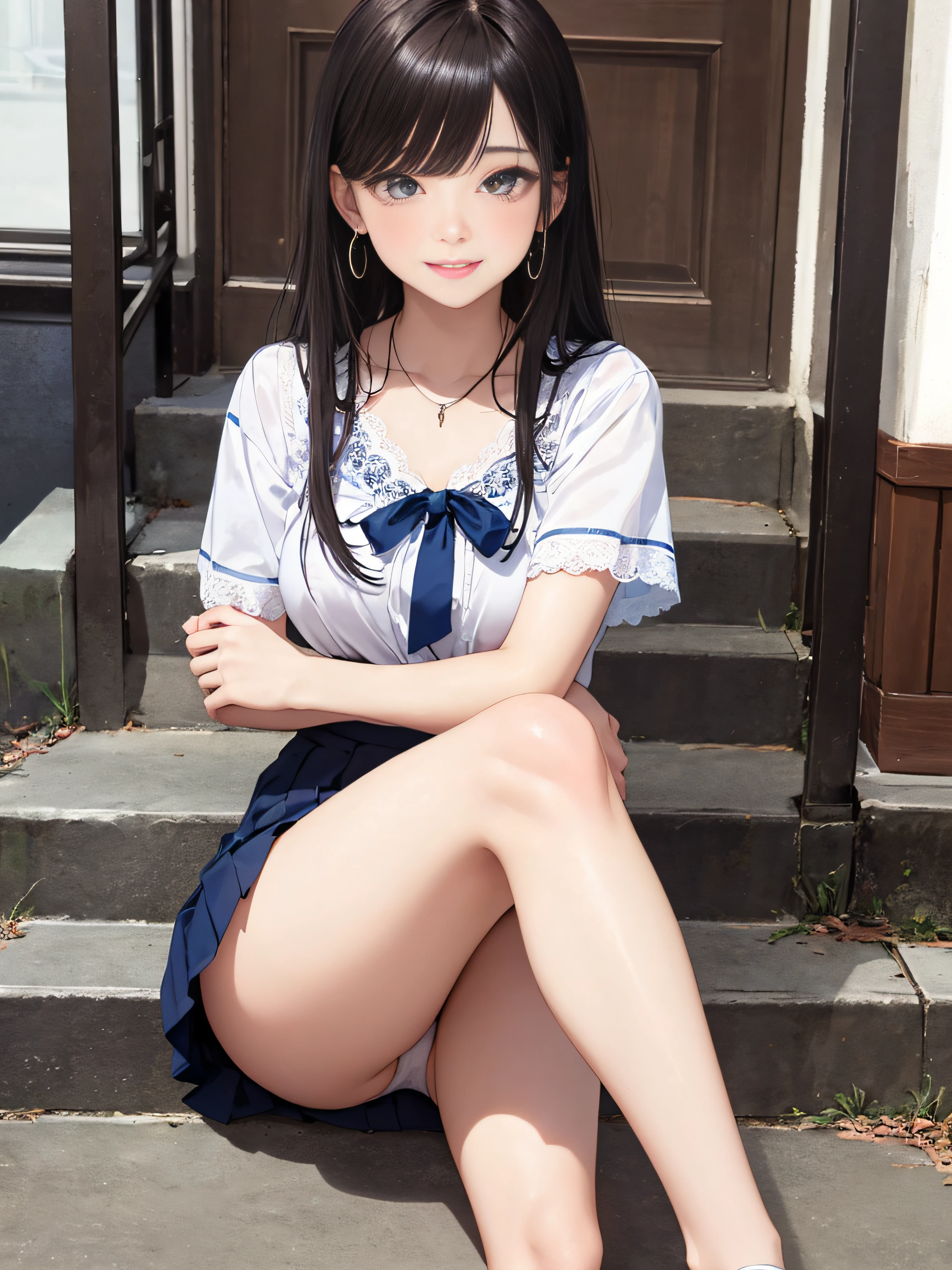 photorealisim、top-quality、超A high resolution、a picture、Extraordinary beautiful girl、Highlights of cheek luster、Detailed cute and beautiful face、(pureerosface_v1:0.008)、Beautiful bangs、Glowing white shiny skin、Bangs between the eyes、shiny and beautiful hair、Silky hair、finer hair、High-definition eyes、Beautiful, Bright and clear, Big eyes shine charmingly、eye liner、Double eyelids、Full body like、red blush、embarrassed from、shiny little necklace and earrings, shiny lips: 1.4, (Shy laughter)、Kamimei、red blush、Tears are embarrassing、(White shirt)、((darkblue pleated skirt))、((Light blue lace panties))、((Open knees))、((open one's legs))、((Disheveled clothes))、((Dressing))、Puffy nipple、Neat and clean female 20-year-old female teacher、Brown hair, bangs flowing diagonally, Medium Wave Long Hair, Blue eyes, medium breast size, (sit on stairs)