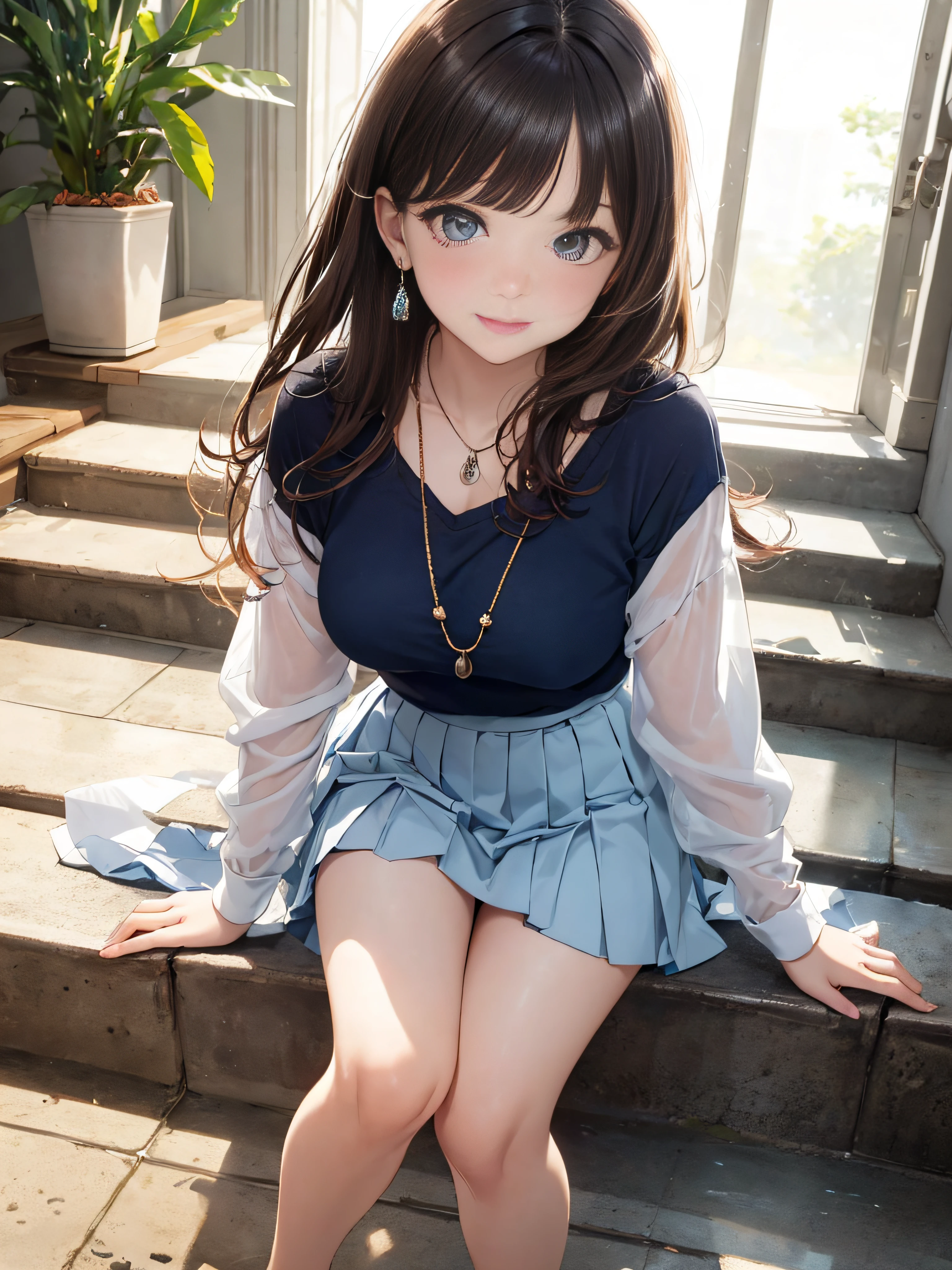 photorealisim、top-quality、超A high resolution、a picture、Extraordinary beautiful girl、Highlights of cheek luster、Detailed cute and beautiful face、(pureerosface_v1:0.008)、Beautiful bangs、Glowing white shiny skin、Bangs between the eyes、shiny and beautiful hair、Silky hair、finer hair、High-definition eyes、Beautiful, Bright and clear, Big eyes shine charmingly、eye liner、Double eyelids、Full body like、red blush、embarrassed from、shiny little necklace and earrings, shiny lips: 1.4, (Shy laughter)、Kamimei、red blush、Tears are embarrassing、(White shirt)、((darkblue pleated skirt))、((Light blue lace panties))、((Open knees))、((open one's legs))、((Disheveled clothes))、((Dressing))、Puffy nipple、Neat and clean female 20-year-old female teacher、Brown hair, bangs flowing diagonally, Medium Wave Long Hair, Blue eyes, medium breast size, (sit on stairs)