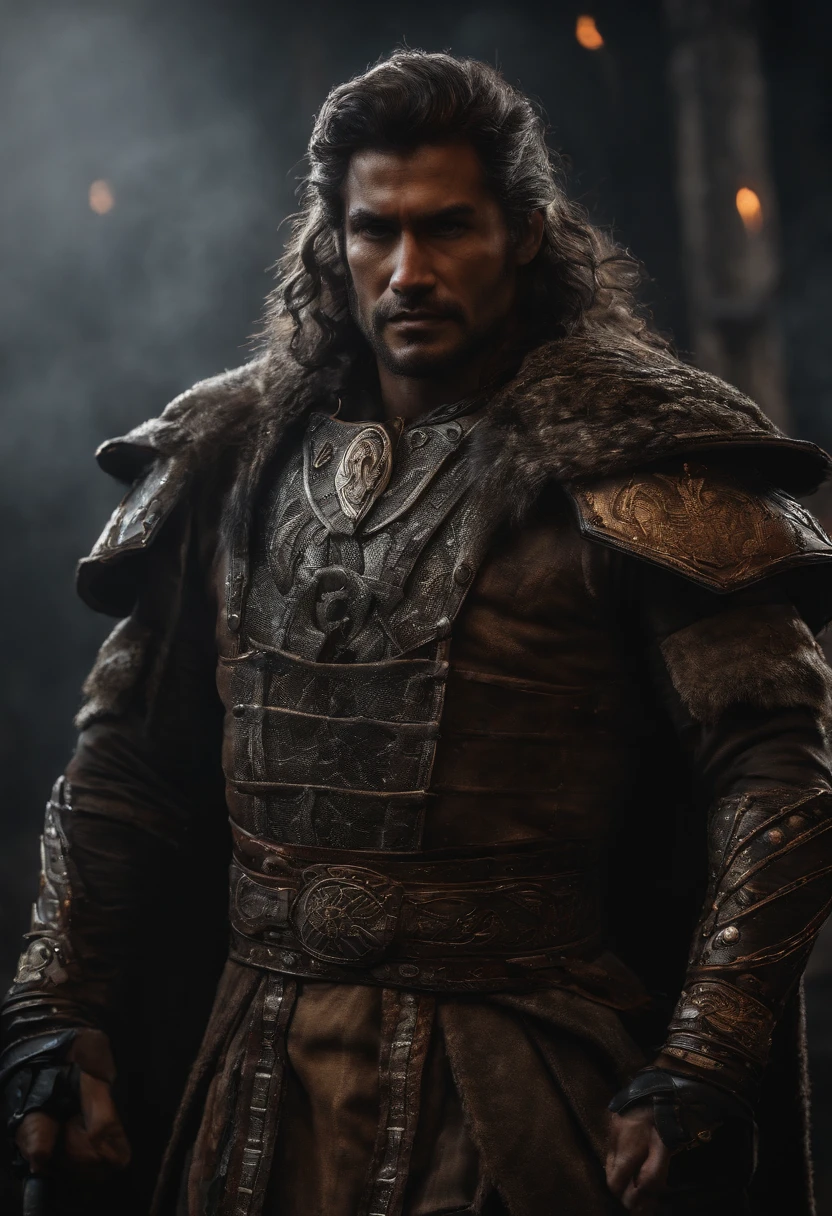 (Профессиональный 3D-рендер:1.3) de (Realistic:1.3) The most beautiful photo in the world,Features of soft and shiny male heroes, ((Epic fantasy hero, muscle male, Rough wet hero, Angry look, Long hair, short beard and ferocious facial expression in a dynamic pose, Fantastic location, Majestic cluttered surroundings)), Рендеринг Full Body 8K Unity, action shot, pores skin, very dark lighting, Strong shading, Detailed, Detailed Face, (Vibrants, The photo is realistic, Realistic, dramatic, Dark, sharp-focus, 8K), (Old leather clothes, damaged by weather conditions:1.4), ((((Wear fur)))), (Intricate:1.4), decadent, (Highly detailed:1.4), Digital Painting, Octane rendering, Art Stations, ConceptArt, Smooth, sharp-focus, illustartion, The germ of art, (loish:0.23), Wlop Ilya Kuvshinov, and Greg Rutkowski and Alphonse Mucha Gracias, (Global Illumination, studio light, surround light), heavy rain, particles floating, rascal, Fantasy, elf, full bodyesbian, ((The dark and ancient background of the city:1.3)),CGSesociety,Art Stations