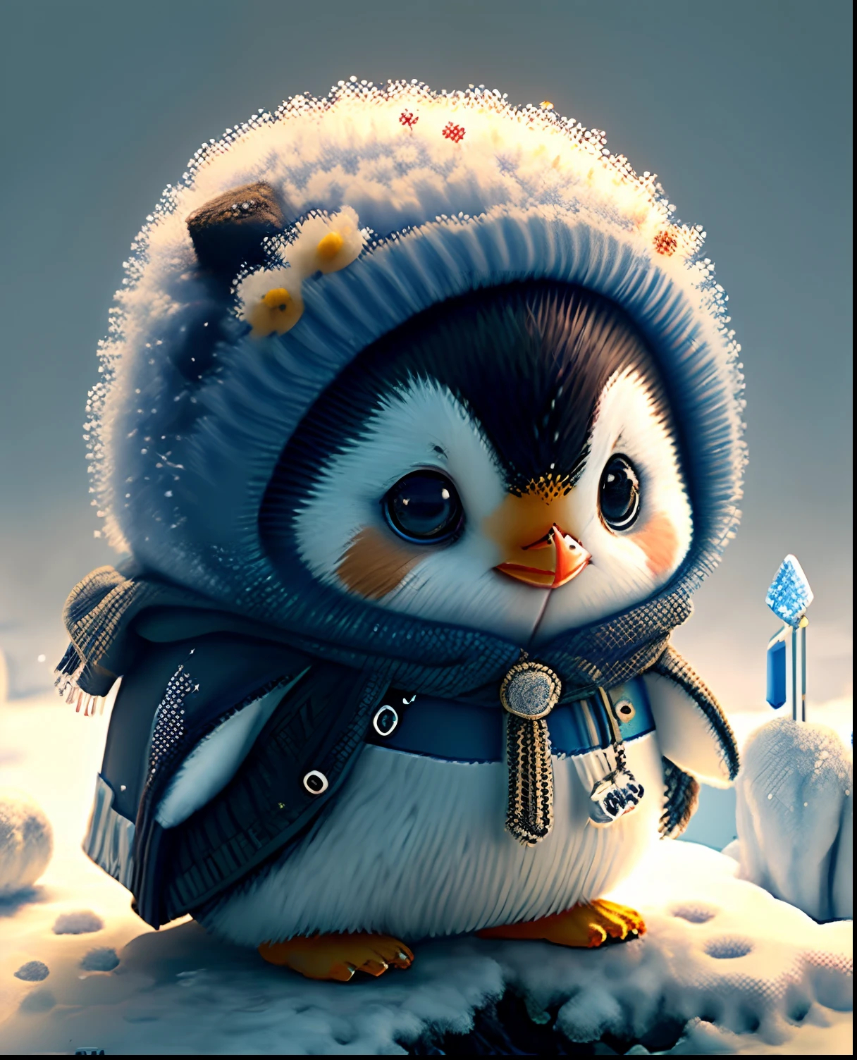 Top image quality、"Create a masterpiece of cute creatures. 1 penguin、（emperor penguin）, high detailing, in 8K、Top image quality、Dressed as an adventurer、Holding Yumi and Arrow in Hand、Video Game Hero Costume、(((kawaii)))、