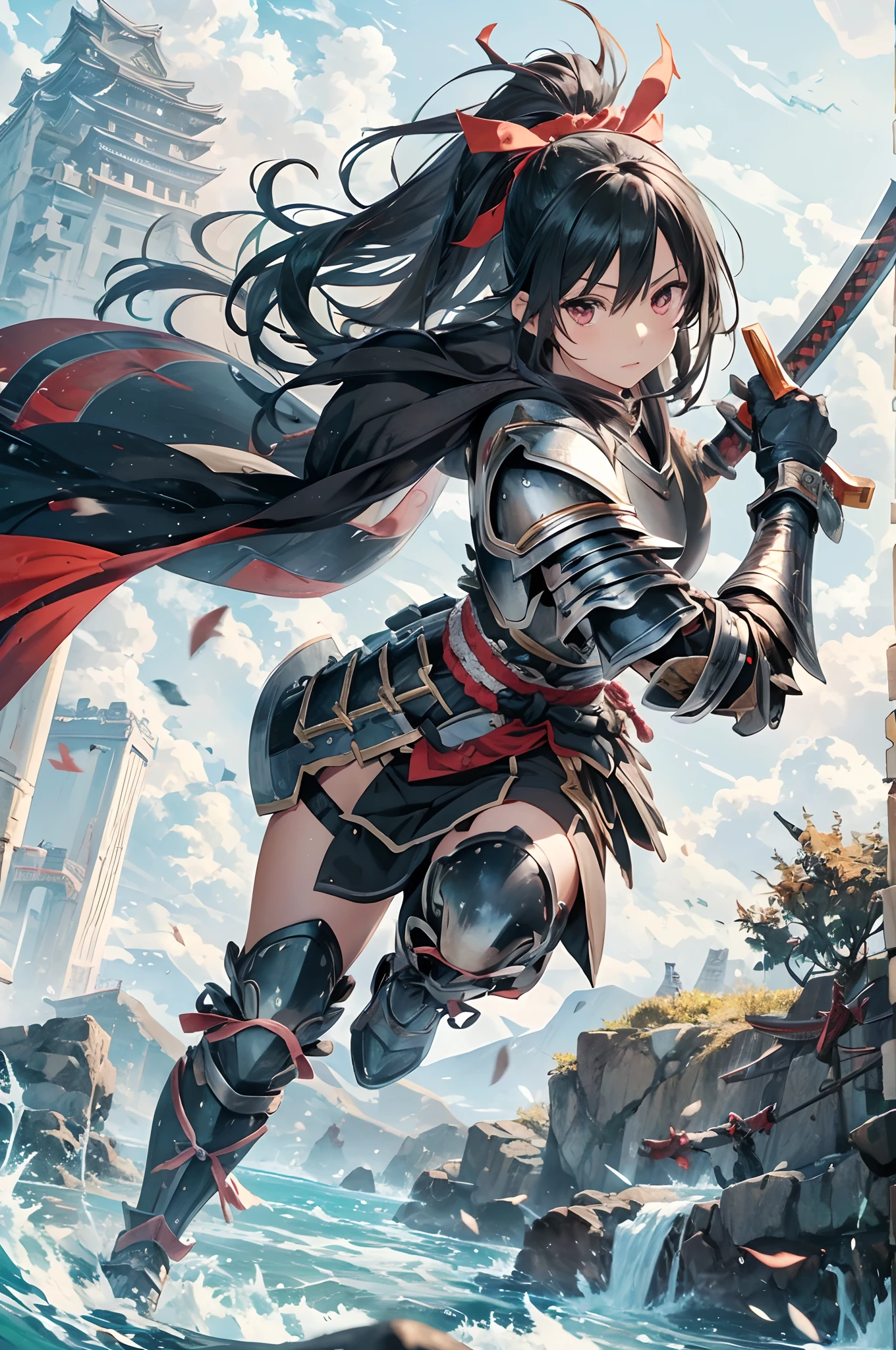 Raise your sword aloft、Anime characters in armor, 1girl in, Samurai,arma, Sword, Black hair, Solo,round big eyes,Deep scarlet eyes, Ponytail, Long hair, katanas, Hakama,((Japanese armor))),((plate armor)), holding weapon, ((Leg armor)), Hold the sword, Looking at Viewer,helmets,((Hair band with metal plate)),Dynamic Action Pose,(((cliff))),(((falls))),
