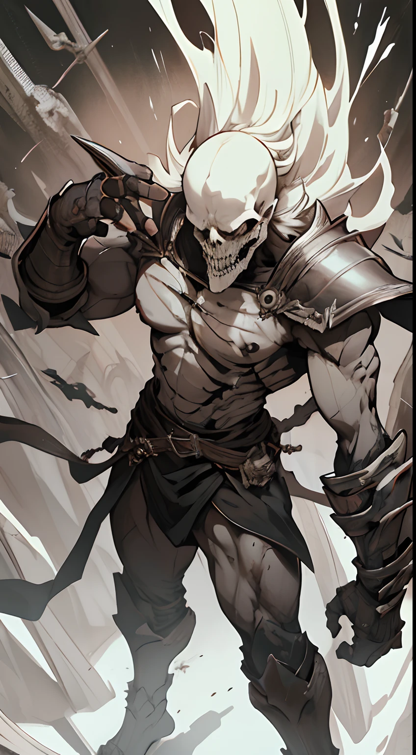 Create me a cool skeleton warrior to play DnD. It has to be scary and powerful, With Bone Armor and Weapons, that look like shards of death. Let his black eye sockets radiate menace., And his bony fingers hold the instrument of death. Let his footsteps be heard, Like the creaking of bones, and his presence terrifies the hearts of his enemies. Give it a name, which reflects his ruthless nature and unyielding will to win.