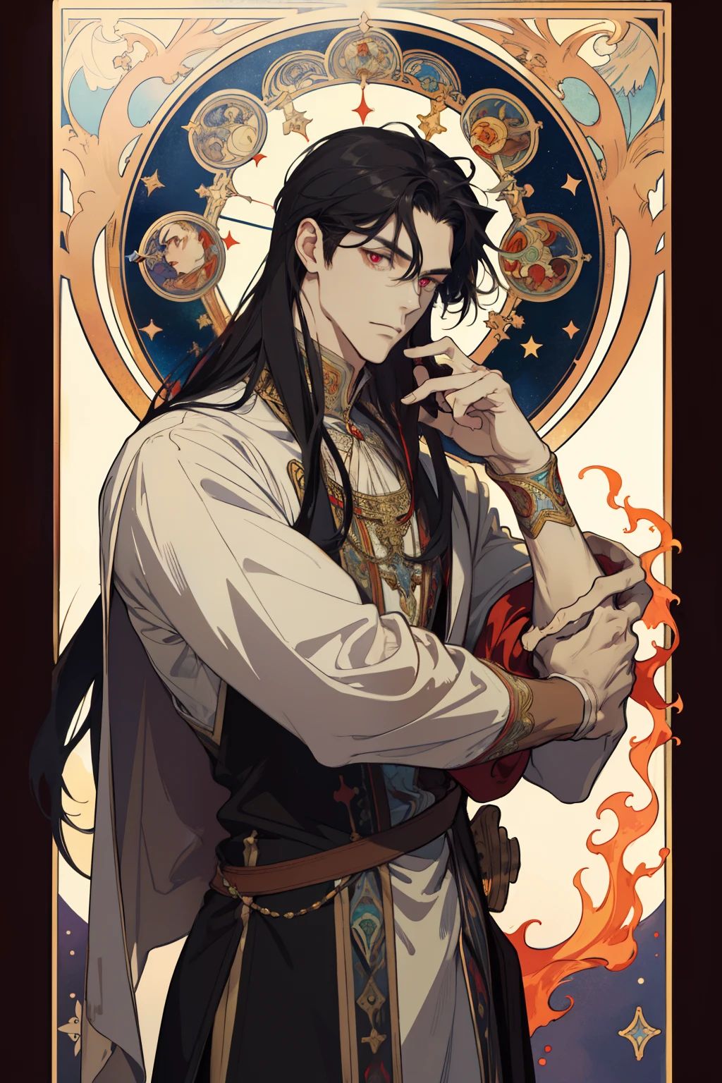 (absurdress, hight resolution, overdetalization), 1 male, grown up, cutest, tall muscular guy, wide shoulders, Detailed eyes and detailed face, beating magic, Winding flame, (Masterpiece, Side light, Fine Beautiful Eyes: 1.2), HDR, (Glowing Red Eyes)), Handsome long-haired man, black hair, musculature, Sateen, a handsome, facing the camera, Masterpiece Fool \tarot\, bard, clown, Symbolism, visual art, occultism, Universal, Vision Casting, Philosophical, Iconography, Divination by numbers, Popularity, an artistic, by Alphonse Mucha, sexuality