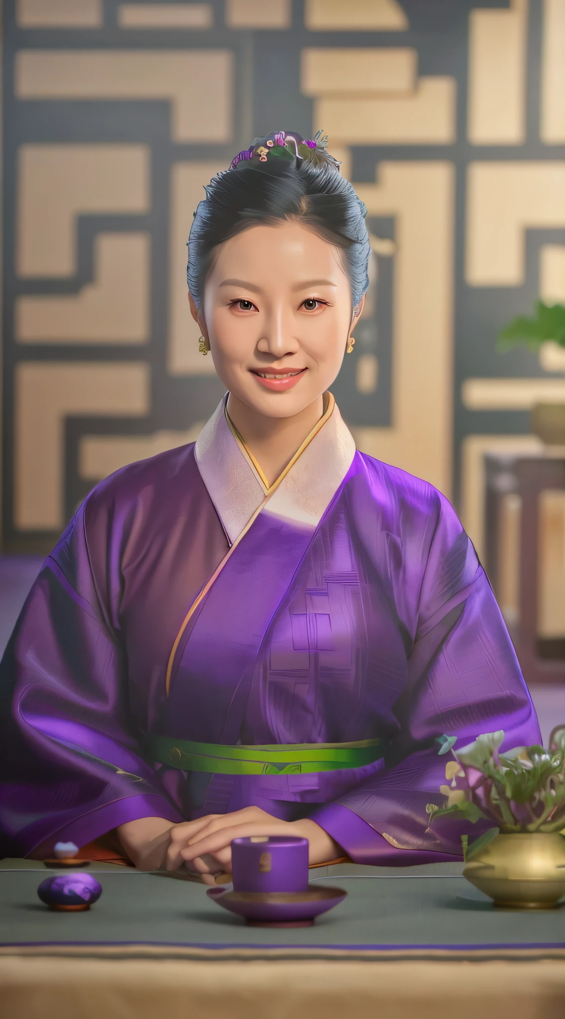 Asian woman in purple dress sitting at a table,There is a pot of plants on it, portrait of mulan, heise-lian yan fang, Inspired by Li Tang, Yun Ling, in dark purple robes, Chinese woman, inspired by Zhou Fang, inspired by Zhang Zeduan, song nan li, inspired by Zhang Yin, inspired by Gu An