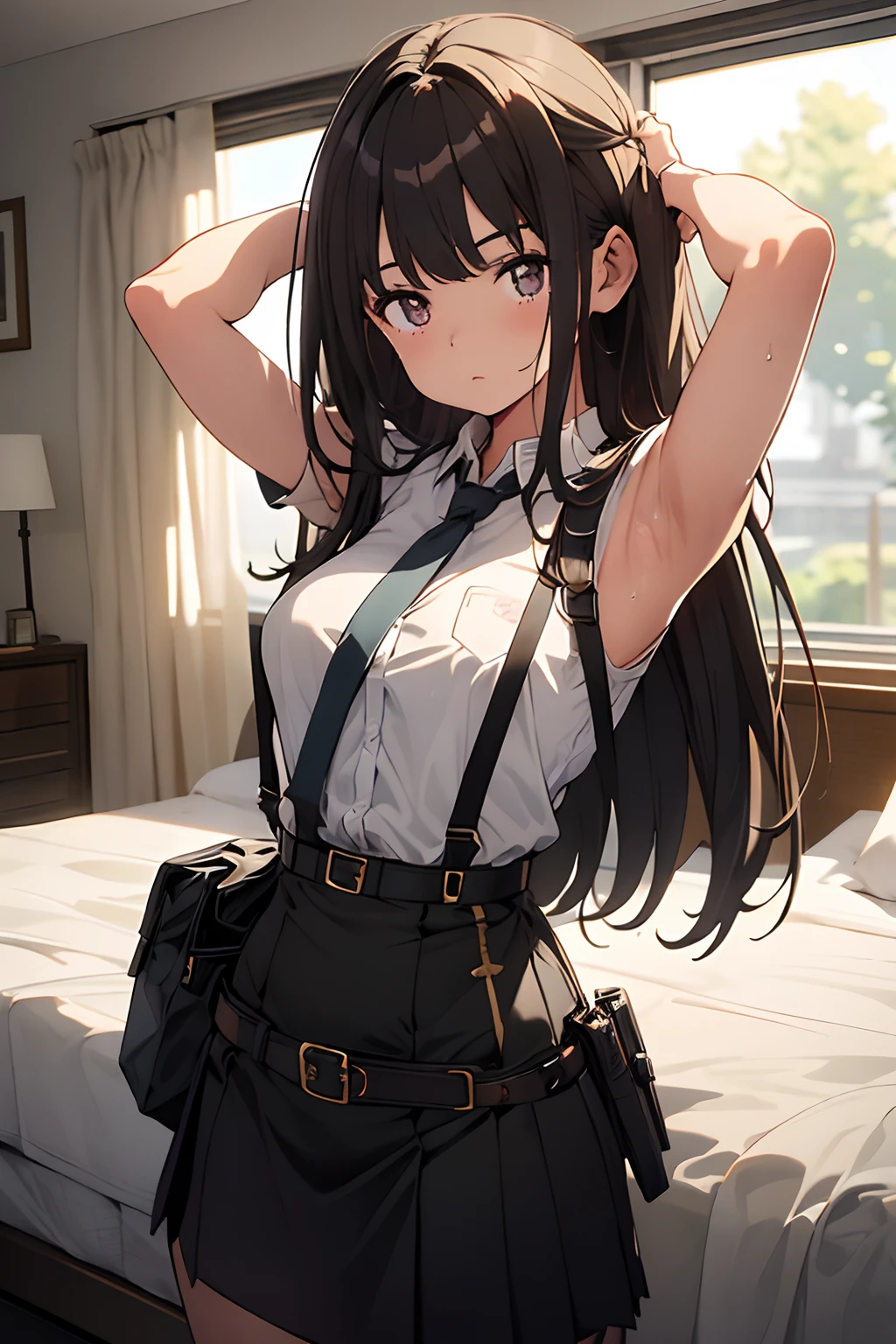 masterpiece、flat-colors、depth of fields、lens flare 1 girl、、Brown hair、watching at viewers black suspenders bulging big breasts Armpit sweat perspiring Side of both hands walls: Black miniskirt garterbelts Gaze Small face Bangs Upper Eyes flank Rat-colored eyes holster Belt Armament