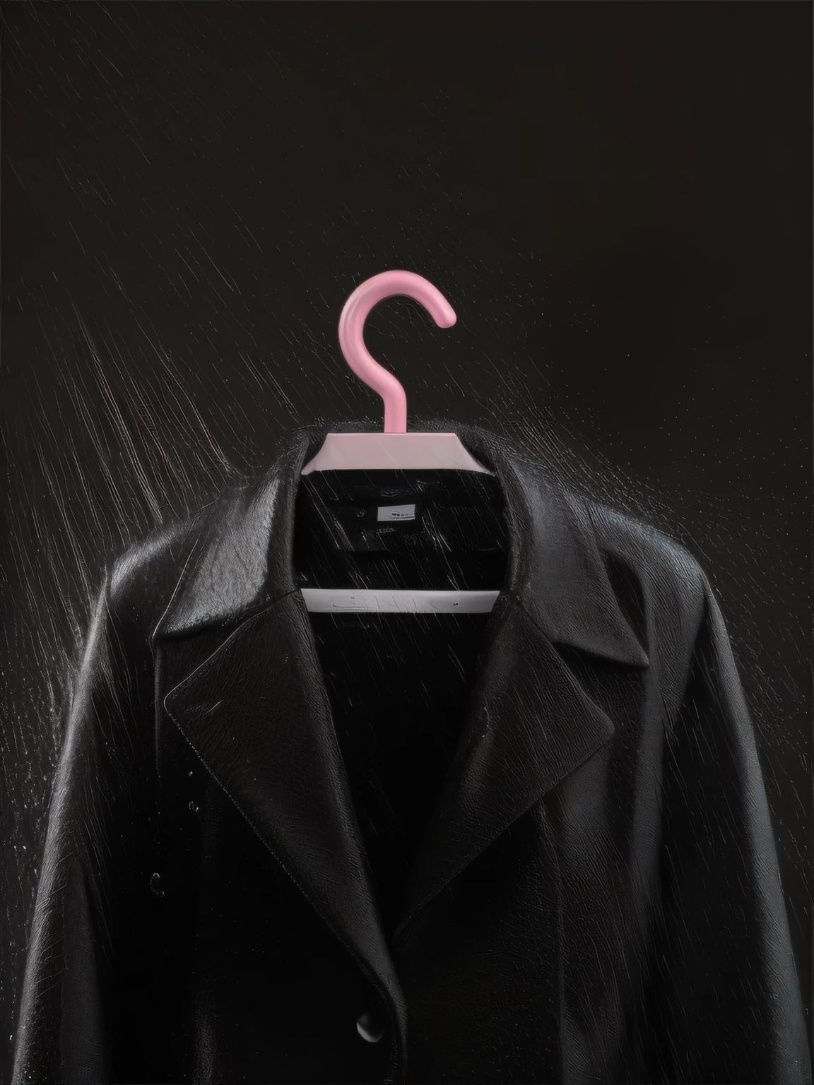 Brown coat，Pink hanger on black background, clemens ascher, drenched clothes, inspired by Chris LaBrooy, clothing drop, neo noir style, clothes floating, surreal object photography, frank moth, she is wearing a wet coat, clothing photography, neo noir, Rained, neo - noir style, like a catalog photograph, dramatic product photography