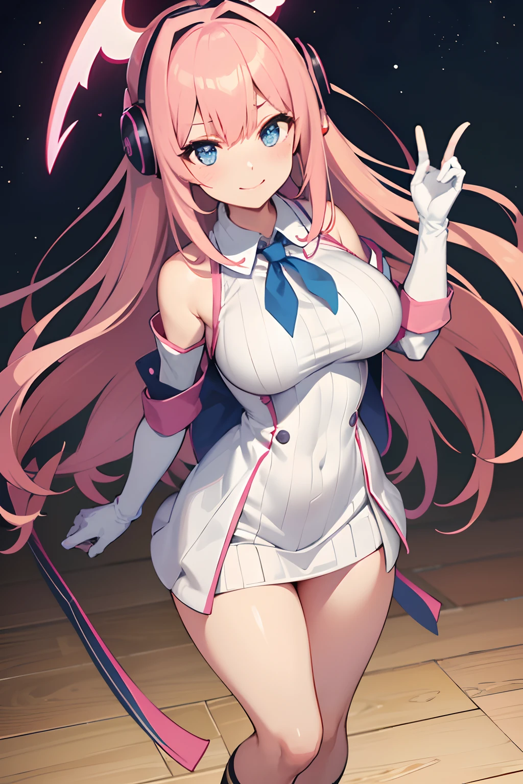 masterpiece, highres, 1girl, goddess of victory: nikke, pepper_(nikke), ペッパー(勝利の女神_NIKKE), beautiful face, detailed face, pink hair, bangs, headphones, gloves, blue neckerchief, sweater, thighs, blush, smile, large breasts, full body, bare shoulders, eyebrows visible through hair, headgear, long hair, looking at viewer, sweater dress, vest, standing