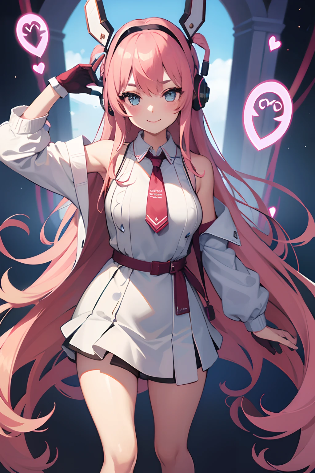 masterpiece, highres, 1girl, goddess of victory: nikke, pepper_(nikke),  ペッパー(勝利の女神_NIKKE), beautiful face, detailed face, pink hair, bangs, headphones, gloves, blue neckerchief,  sweater, thighs, blush, smile,  large breasts, full body, bare shoulders, eyebrows visible through hair, headgear, long hair, looking at viewer, sweater dress, vest, standing