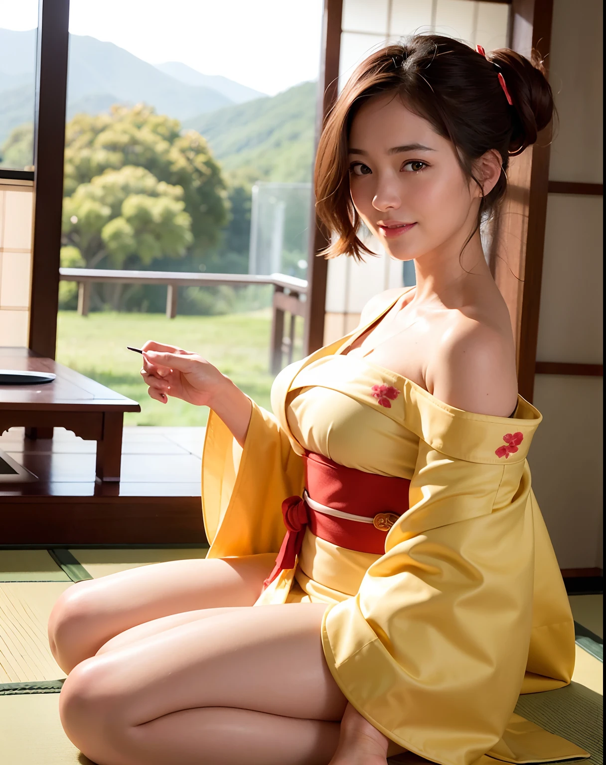 nsfw,top-quality、Face Focus、softlight、(depth of fields)、超A high resolution、(Photorealsitic:1.4)、RAW Photography、(portlate:1.4)、(from the front side) 1 Japan girls、独奏、cute little、(full of shyness、a smile: 1.1)、(brown-eyed)、detailed beautiful faces、(short-hair)、traditional Japanese room (Off-the-shoulder kimono:1.4)