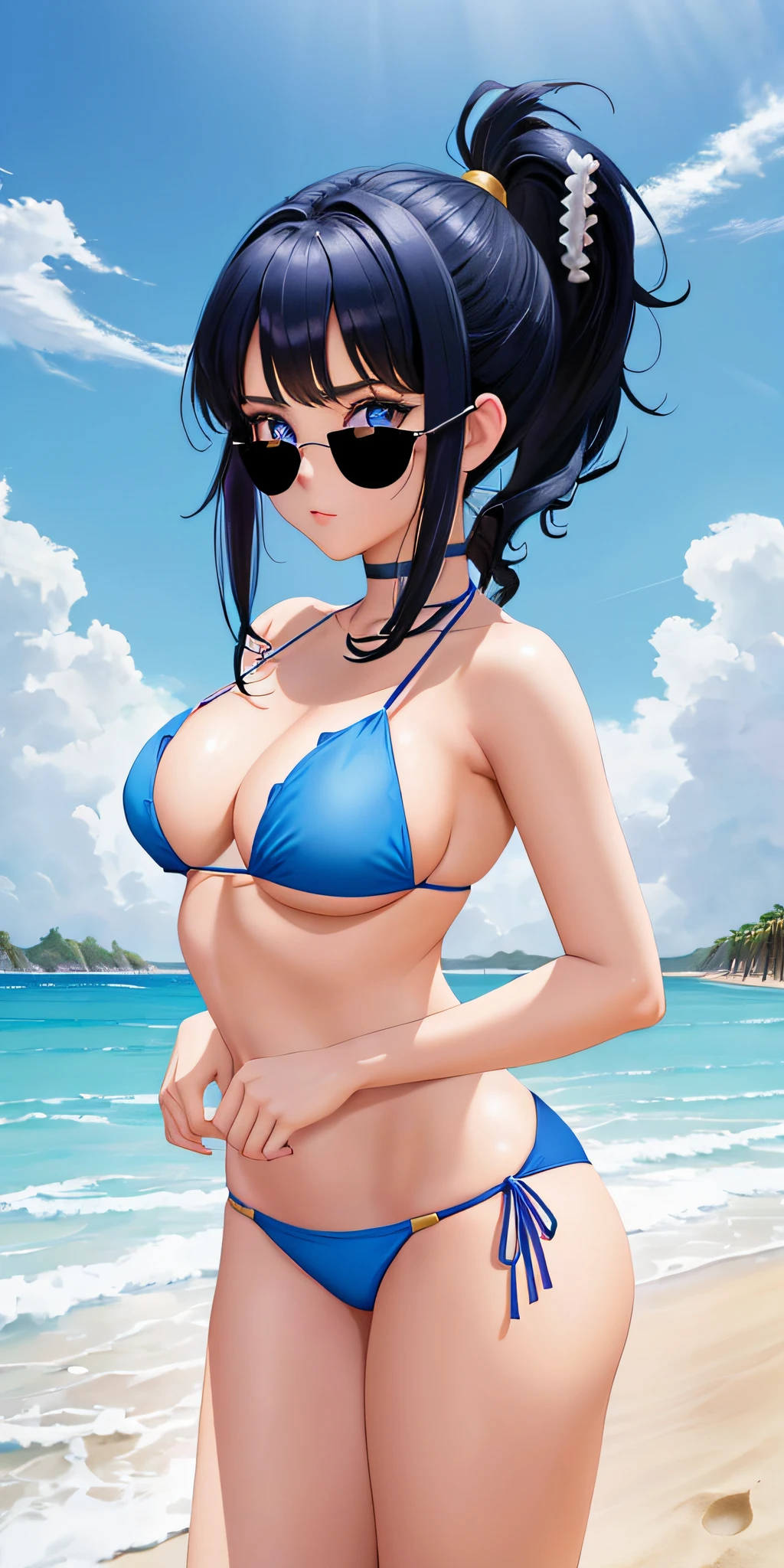professional: step by step, final result god level: "Videl, solo 1girl, cowboy shot, full body, cute symmetrical face, Anime Screenshot, Highly Detailed, 8k, Masterpiece, Best Quality, spiked hair, Looking at viewer, blue eyes, 15% dark blue mini bikini, Beach, intricate details"