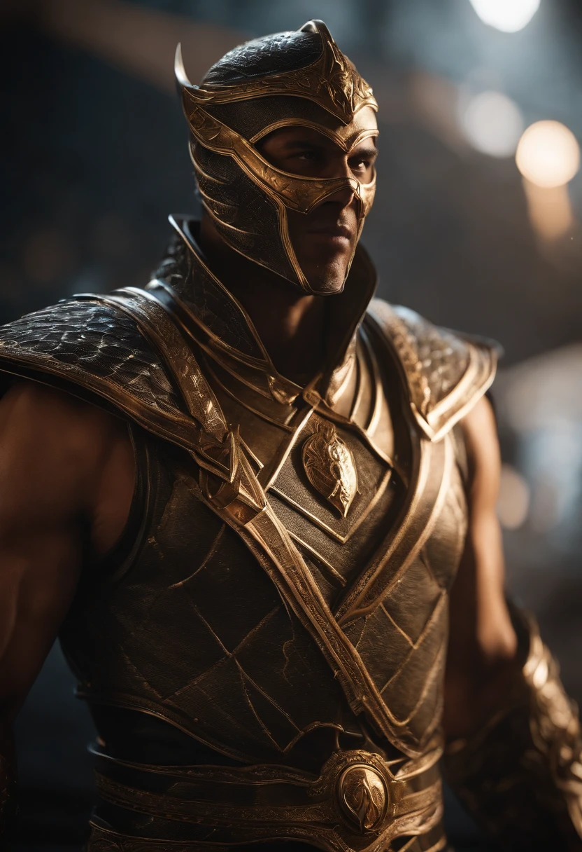 A cinematic marvel: Mortal Kombat's Scorpio Emerges in Ultra Hyper-Realistic Glory in Unreal Engine 5, adornado em um resplandecente traje moderno real que brilha com intrincados fios dourados e tecidos texturizados luxuosos. Seus olhos brilham como fogo, casting an unearthly glow while wielding flames in legendary combat, creating a mesmerizing spectacle of power and elegance. Cada detalhe, from the strands of his burning mane to the ethereal smoke that curled around him, is captured in stunning ultra-high 8K detail, transporting you to a realm where myth and reality intertwine."