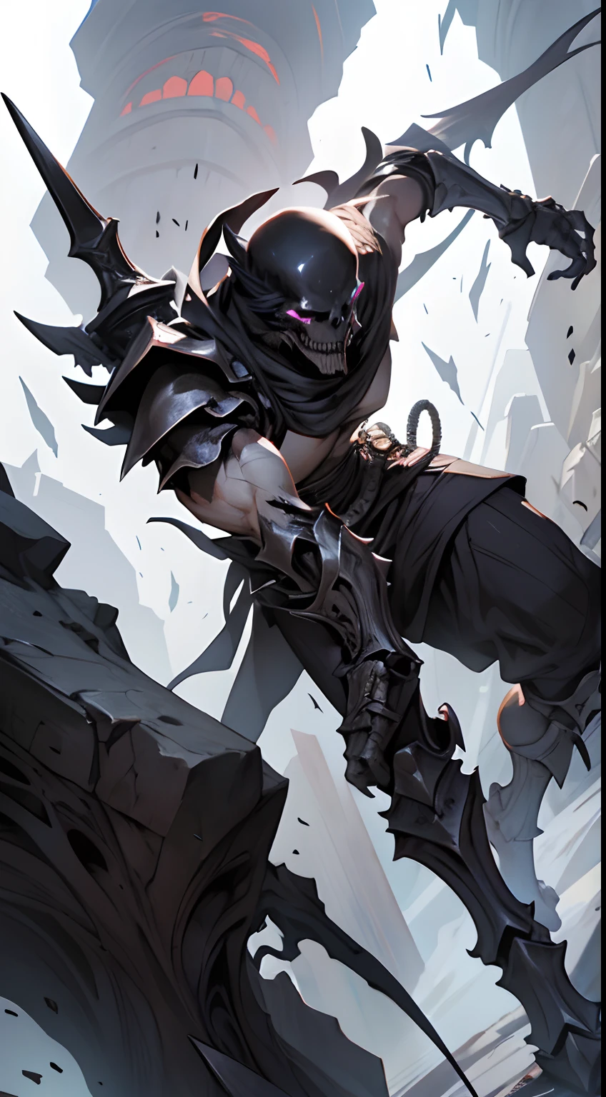 Create me a cool skeleton warrior to play DnD. It has to be scary and powerful, With Bone Armor and Weapons, that look like shards of death. Let his black eye sockets radiate menace., And his bony fingers hold the instrument of death. Let his footsteps be heard, Like the creaking of bones, and his presence terrifies the hearts of his enemies. Give it a name, which reflects his ruthless nature and unyielding will to win.