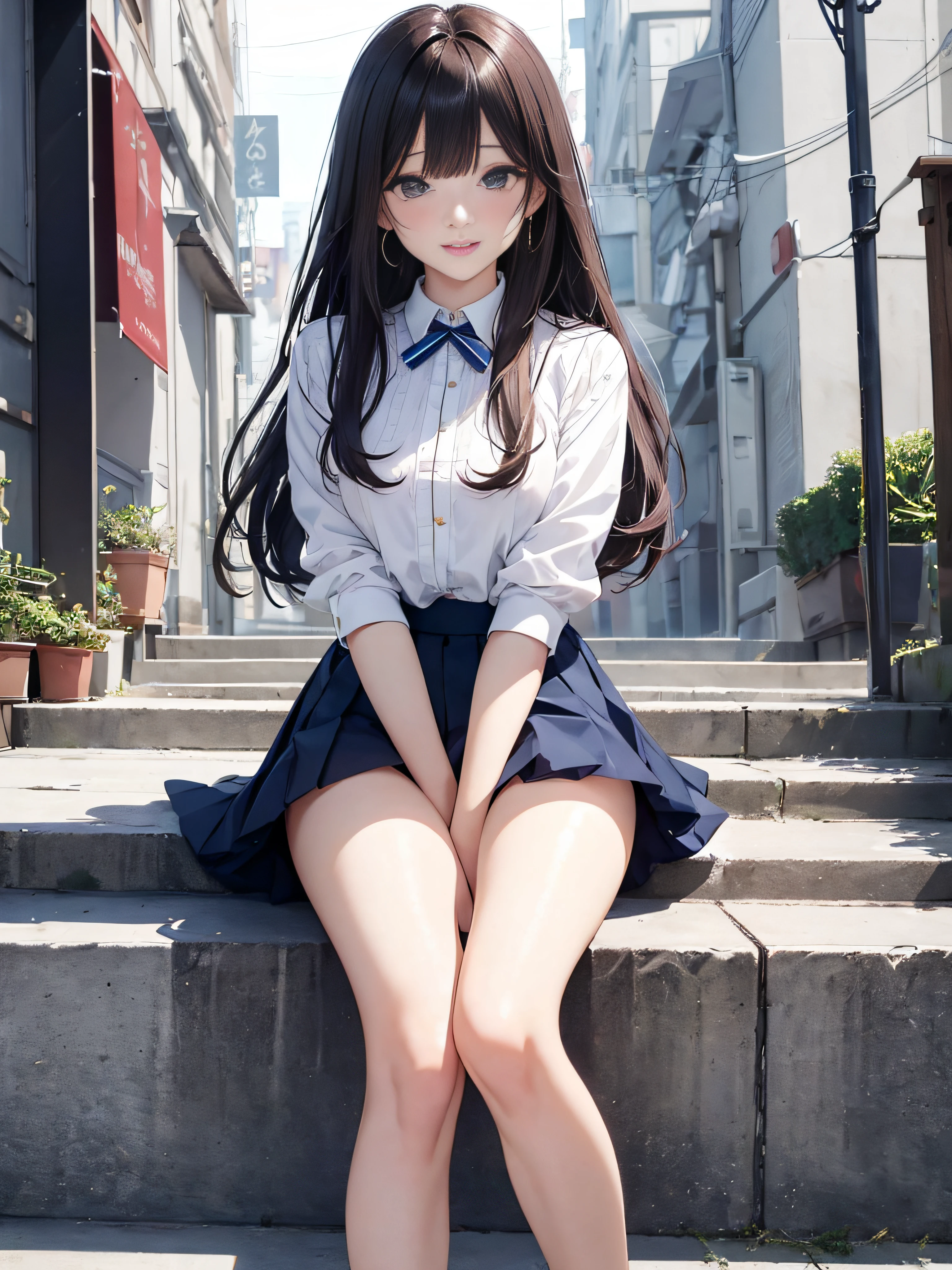 photorealisim、top-quality、超A high resolution、a picture、Extraordinary beautiful girl、Highlights of cheek luster、Detailed cute and beautiful face、(pureerosface_v1:0.008)、Beautiful bangs、Glowing white shiny skin、Bangs between the eyes、shiny and beautiful hair、Silky hair、finer hair、High-definition eyes、Beautiful, Bright and clear, Big eyes shine charmingly、eye liner、Double eyelids、Full body like、red blush、embarrassed from、shiny little necklace and earrings, shiny lips: 1.4, (Shy laughter)、Kamimei、red blush、Tears are embarrassing、(White shirt)、((darkblue pleated skirt))、((Light blue lace panties))、((Open knees))、((open one's legs))、((Disheveled clothes))、((Dressing))、Puffy nipple、Neat and clean female 20-year-old female teacher、Brown hair, bangs flowing diagonally, Medium Wave Long Hair, Blue eyes, medium breast size, (sit on stairs)