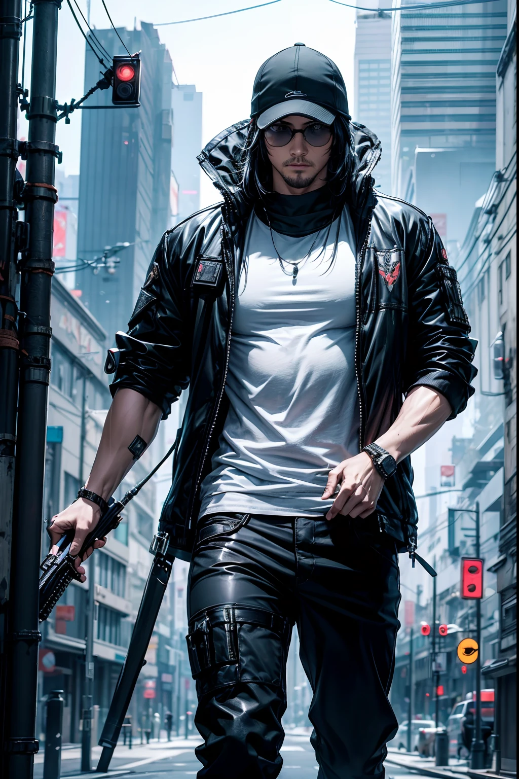 Cool Assassin, One guy、Black pants、Strong body、Cyberpunk cityscape、Dynamism、8K、Detailed picture、realisitic、Astringent atmosphere、gentleman、Stylish assassin