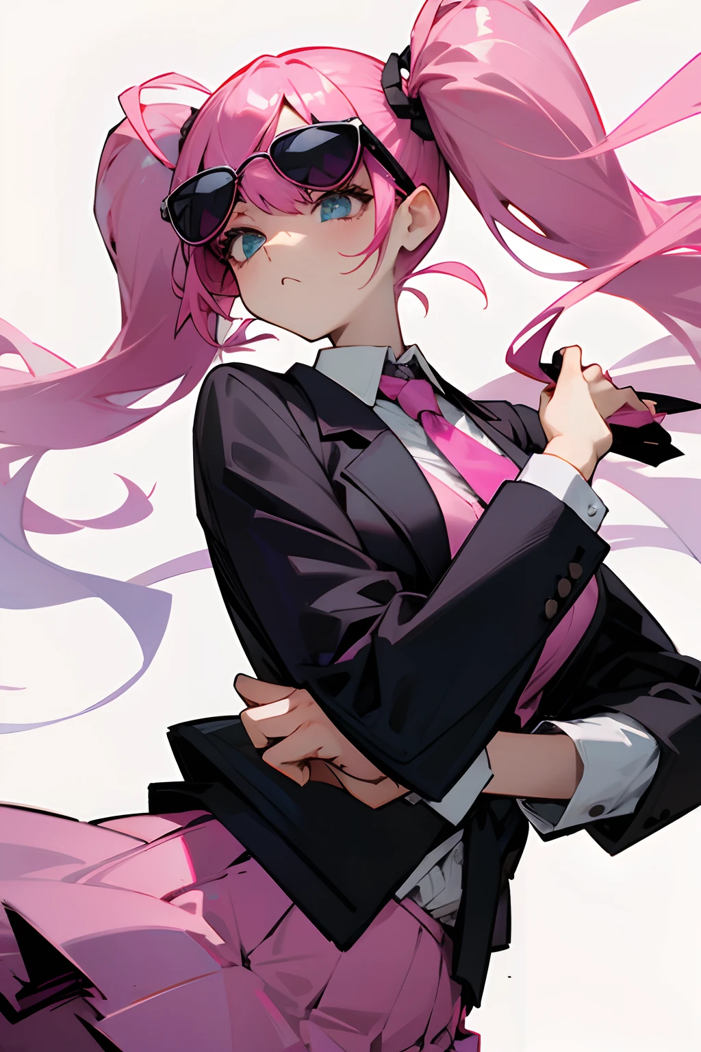 woman、Pink hair、Huge twintails、Black jacket、Pink tie、Pink skirt、wears sunglasses、deadpan