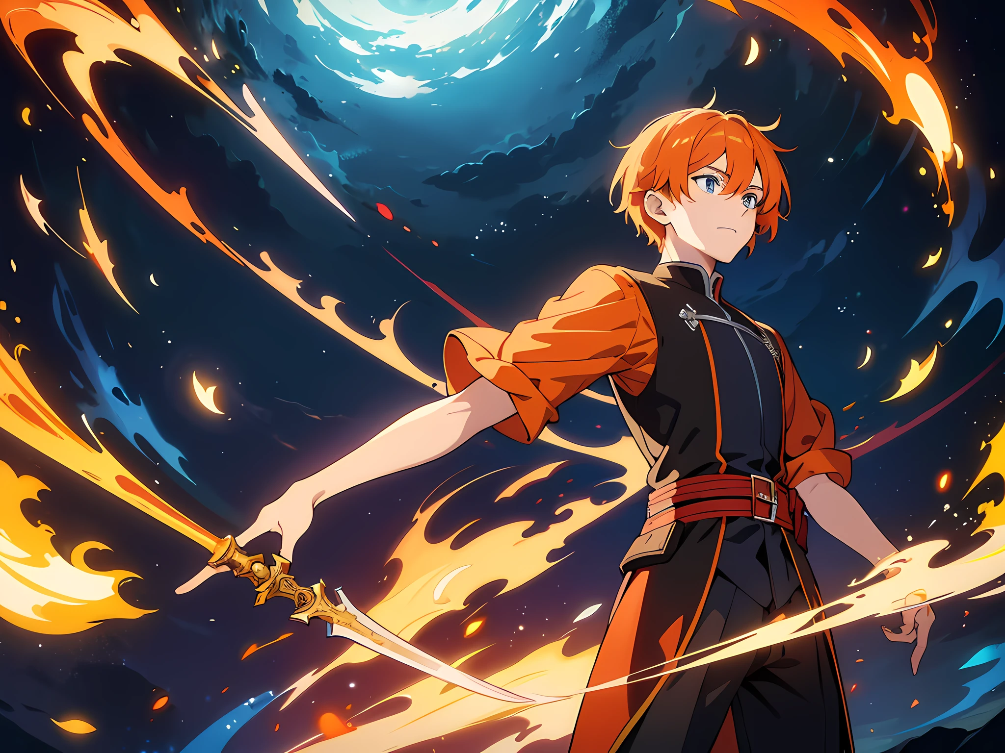 masterpiece, In a world where magic and technology exist side by side, a young man (orange hair, short hair) sets out on a journey to hone their skills and uncover the secrets of their powers, beautiful eyes finely detailed. The mage must learn to harness the full potential of their abilities and unlock the true potential of magic in the modern age. full body illustration, evil facial expression, holding a sword, he hold sword with flames coming out from his sword.