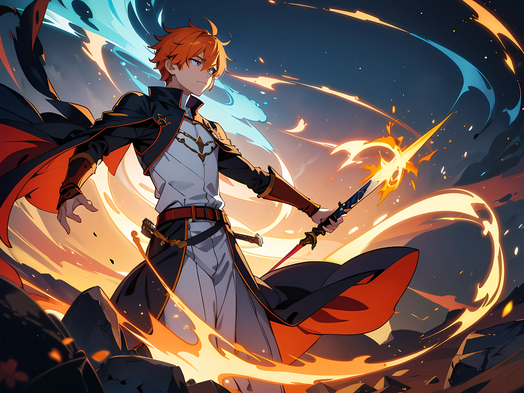 masterpiece, In a world where magic and technology exist side by side, a young man (orange hair, short hair) sets out on a journey to hone their skills and uncover the secrets of their powers, beautiful eyes finely detailed. The mage must learn to harness the full potential of their abilities and unlock the true potential of magic in the modern age. full body illustration, evil facial expression, holding a sword, he hold sword with flames coming out from his sword.