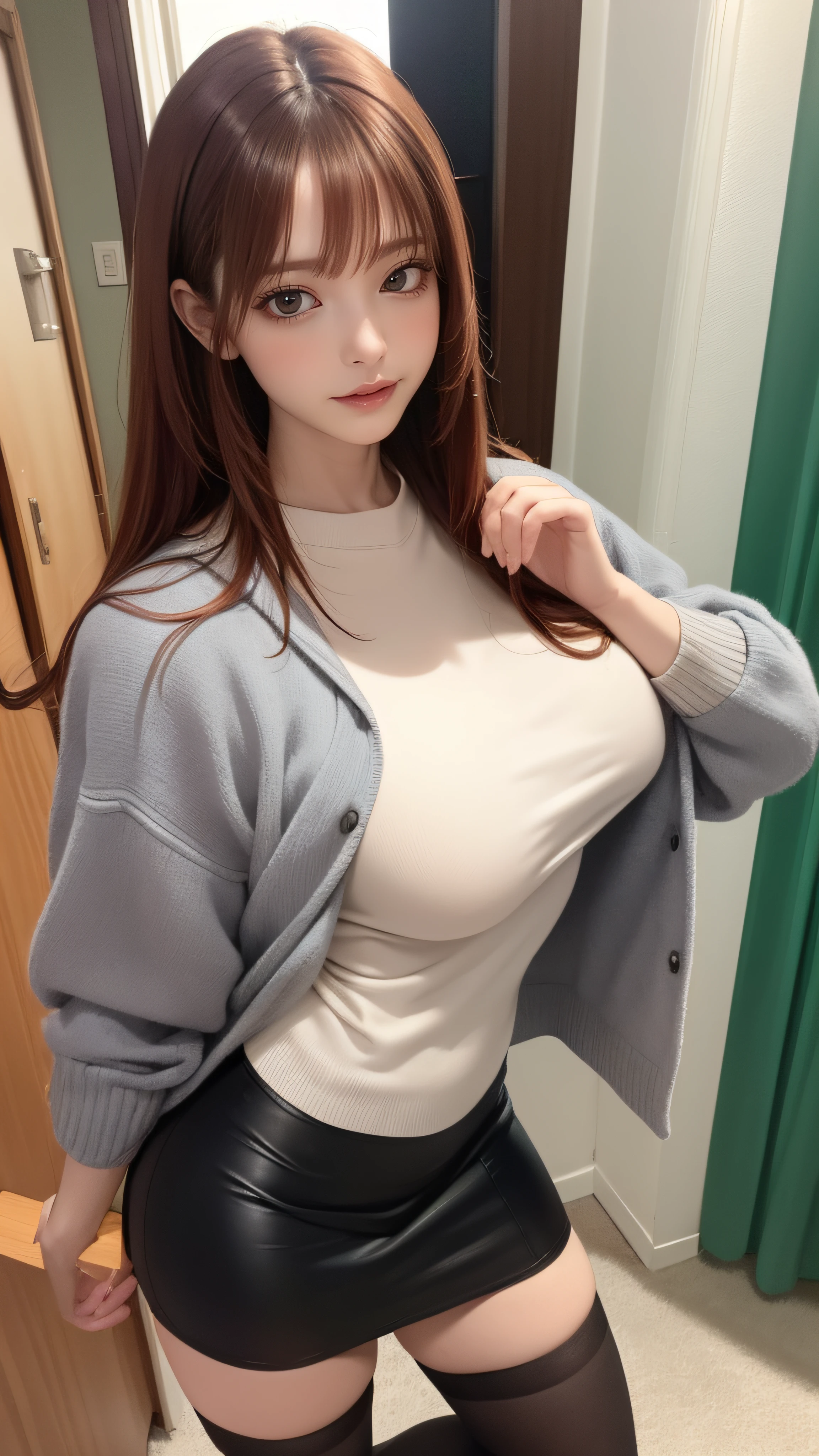 walk,park,full body,(ultra detailed skin),curvy,petite,beautiful breasts,large breasts,pale skin,pointy breasts,erect nipples,(Hyperrealist portrait,(8k),ultra-realistic,high detail,high resolution,best quality,masterpiece,Sense of presence,Dynamic,bold),(thin hair),(soft hair),(straight hair:1.5),Swept long bangs,extra light coppery amber hair,hair over one eye,baggy sweater with long hem,tight mini skirt,stockings,Engineer boot,spread arms