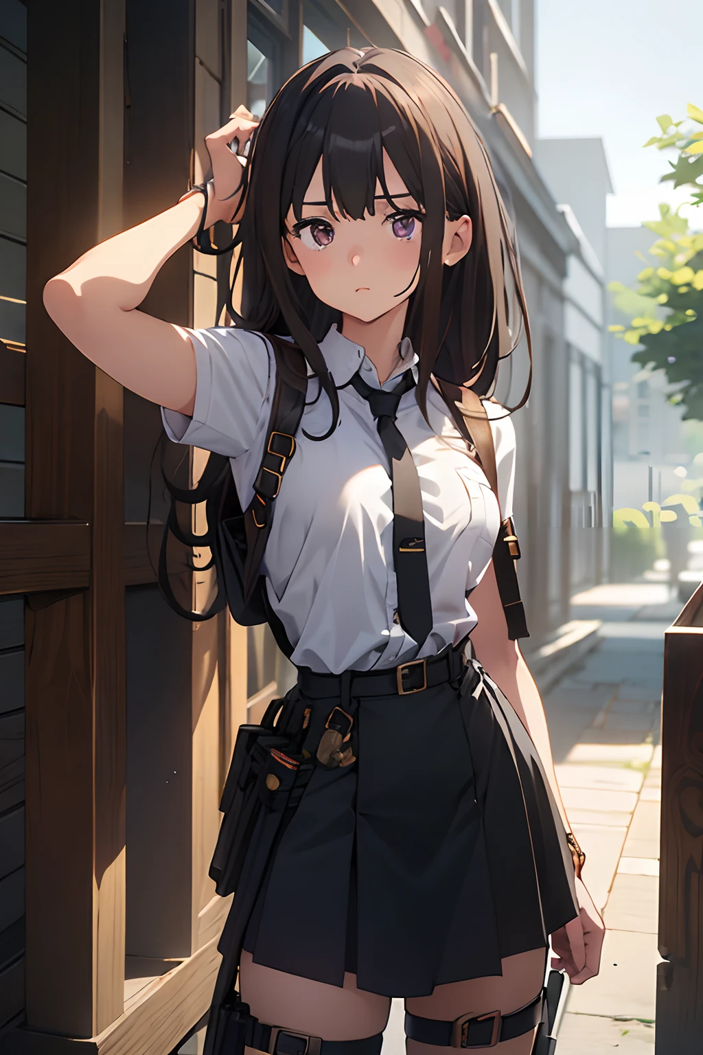 masterpiece、flat-colors、depth of fields、lens flare 1 girl、、Brown hair、watching at viewers black suspenders bulging big breasts Armpit sweat perspiring Side of both hands walls: Black miniskirt garterbelts Gaze Small face Bangs Upper Eyes flank Rat-colored eyes holster Belt Armament