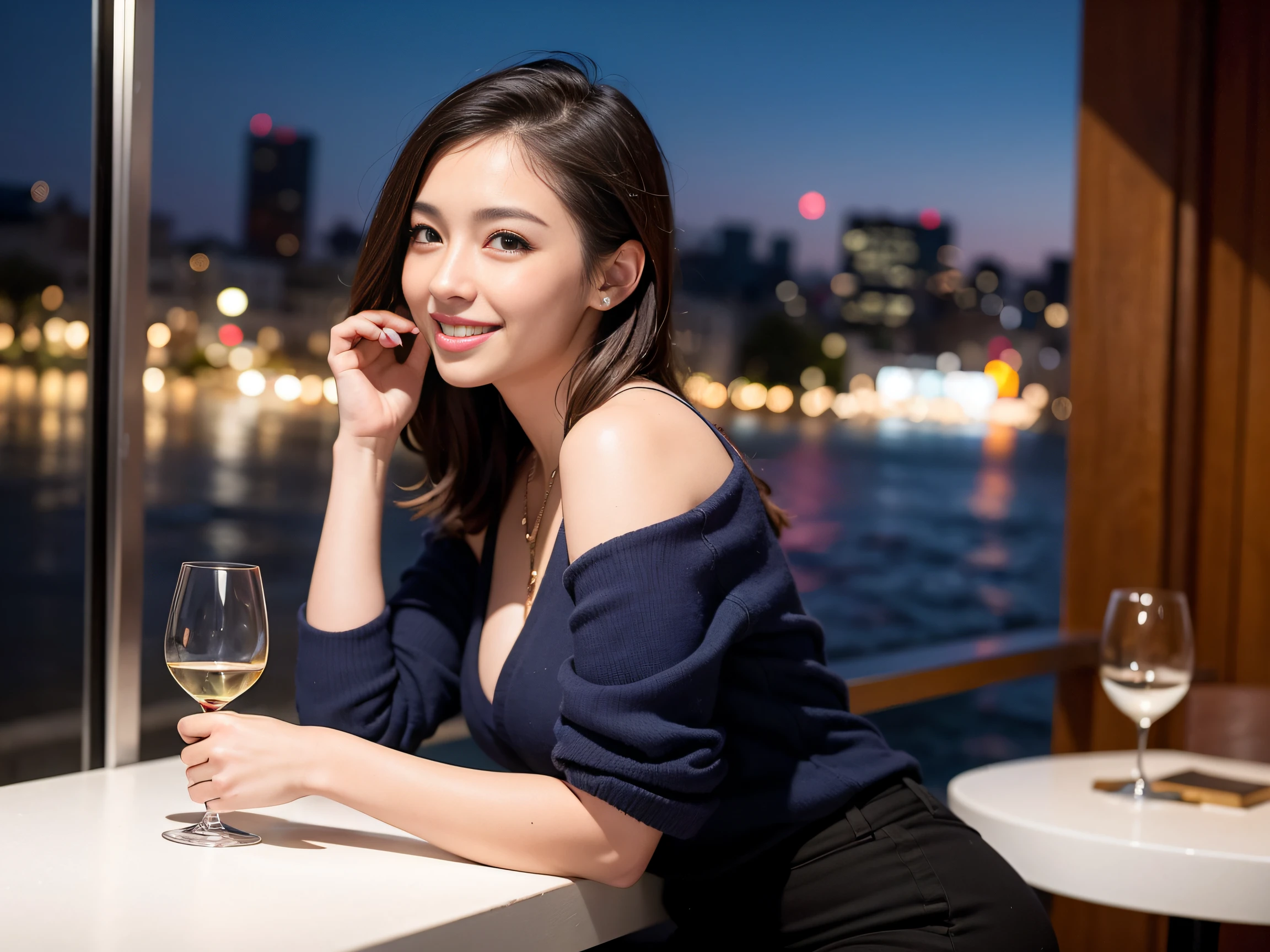 (64K, UHD, top quality, masterpiece: 1.2), (realistic, photorealistic: 1.37), super detailed, pretty woman 1 person, (slim face), (slim body), (brown hair), (short cut), cheeks slightly blushing, (42 years old), 38 years old, solo, beautiful detailed urban night view outside the window, restaurant, wine glasses sit, night, in a prominent place (from the waist up) NovaFrogStyle, Actress, Model, Waist Up, White Wine, Slim, Wine Glass, Super Clean Night View, Wine Glass Put in the Middle, Happy Smile, (Smile: 1.15), Beautiful Fine Eyes, Upper Body, Bust Japan Up, Night, Short, Short, Actress, Model, Waist Up, White Wine, Slim, Wine Glass, Super Clean Night View, Wine Glass Put in the Middle, Happy Smile,
