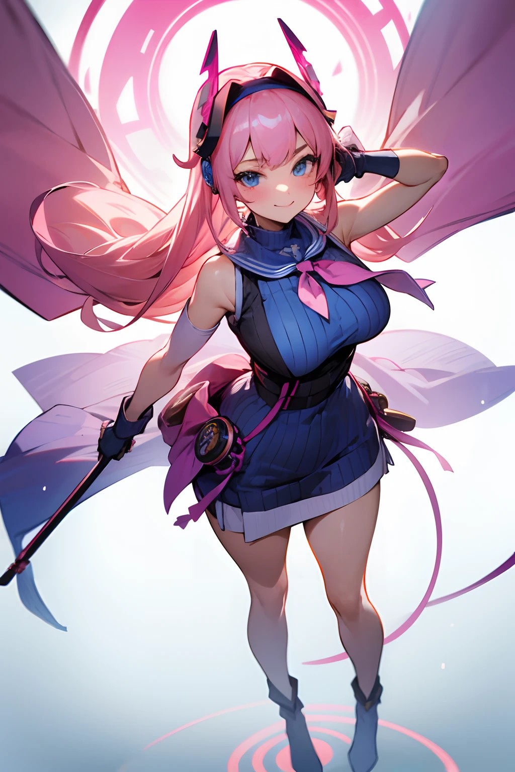 (High resolution), (in 8K), (Extreme Detail), (Best Illustration), (beautiful detail), (Best Quality), (masuter piece), ( Detailed face),Lara Satalin Deviluke、Light pink hair、The long-haired、The inside of the hair is light blue、blue eyess、A devil's tail grows out of the ass、((student clothes、校服)) (Vicious look、Vulgar smile)、suggestive pose、Realistic fantasy rendering, Realistic anime girl rendering, (Colossal tits 、thin-waist、Big buttocks) popular in CGSTATION, 4K,highlight in eyes