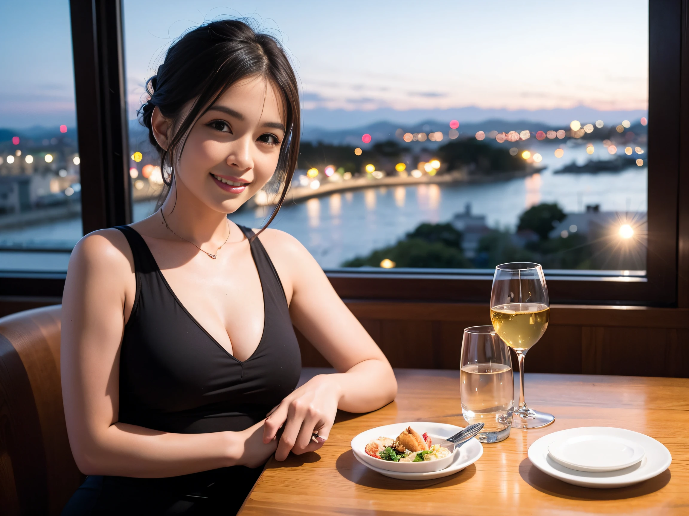(64K, UHD, top quality, masterpiece: 1.2), (realistic, photorealistic: 1.37), super detailed, pretty woman 1 person, (slim face), (slim body), (brown hair), (short cut), cheeks slightly blushing, (42 years old), 38 years old, solo, beautiful detailed urban night view outside the window, restaurant, wine glasses sit, night, in a prominent place (from the waist up) NovaFrogStyle, Actress, Model, Waist Up, White Wine, Slim, Wine Glass, Super Clean Night View, Wine Glass Put in the Middle, Happy Smile, (Smile: 1.15), Beautiful Fine Eyes, Upper Body, Bust Japan Up, Night, Short, Short, Actress, Model, Waist Up, White Wine, Slim, Wine Glass, Super Clean Night View, Wine Glass Put in the Middle, Happy Smile,