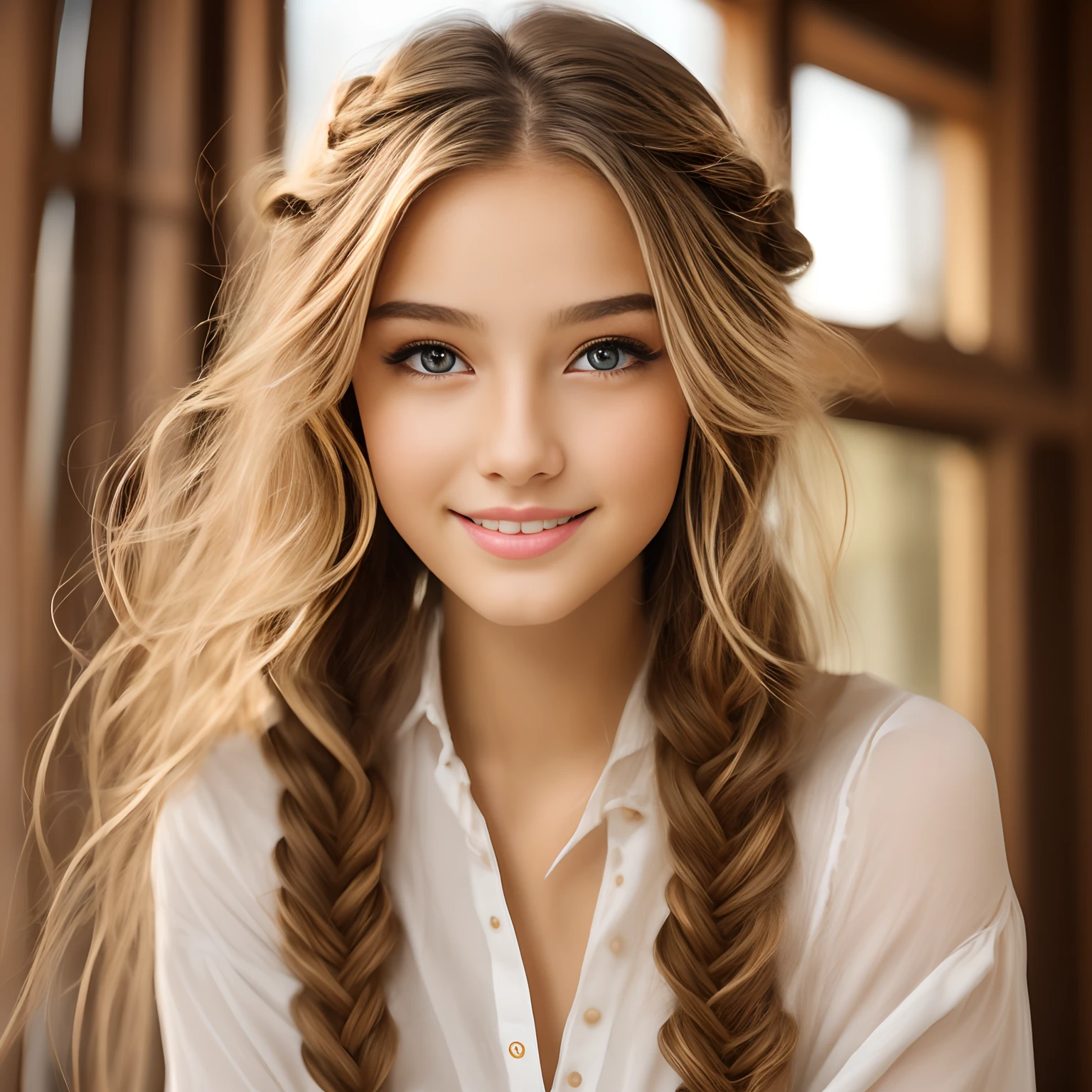 a transcendentally beautiful Dutch girl who is mixed with Japanese, tied hair, skinny face, smooth pale skin, bright eyes, straight nose, glossy plump lips, charming smile, pure and innocent, very neat, intelligent and elegant, pretty and gorgeous