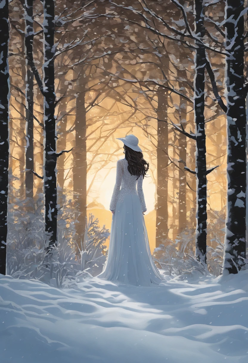1 girl waiting for her lover in the snow, ((Golden ratio}} After a long night in the forest、The sun is rising, Snow all over the place、sensual painting, Beautiful expressive paintings, Wadim Kashin. Ultraphotorealism, Louise Ross, masterpiece、top-quality、morning、a closeup、with light glowing、Happiness、Fresh morning sunshine、(Spark:0.7) 、landscapes, (masutepiece, Best Quality, High quality, hight resolution, Ultra-detailed),