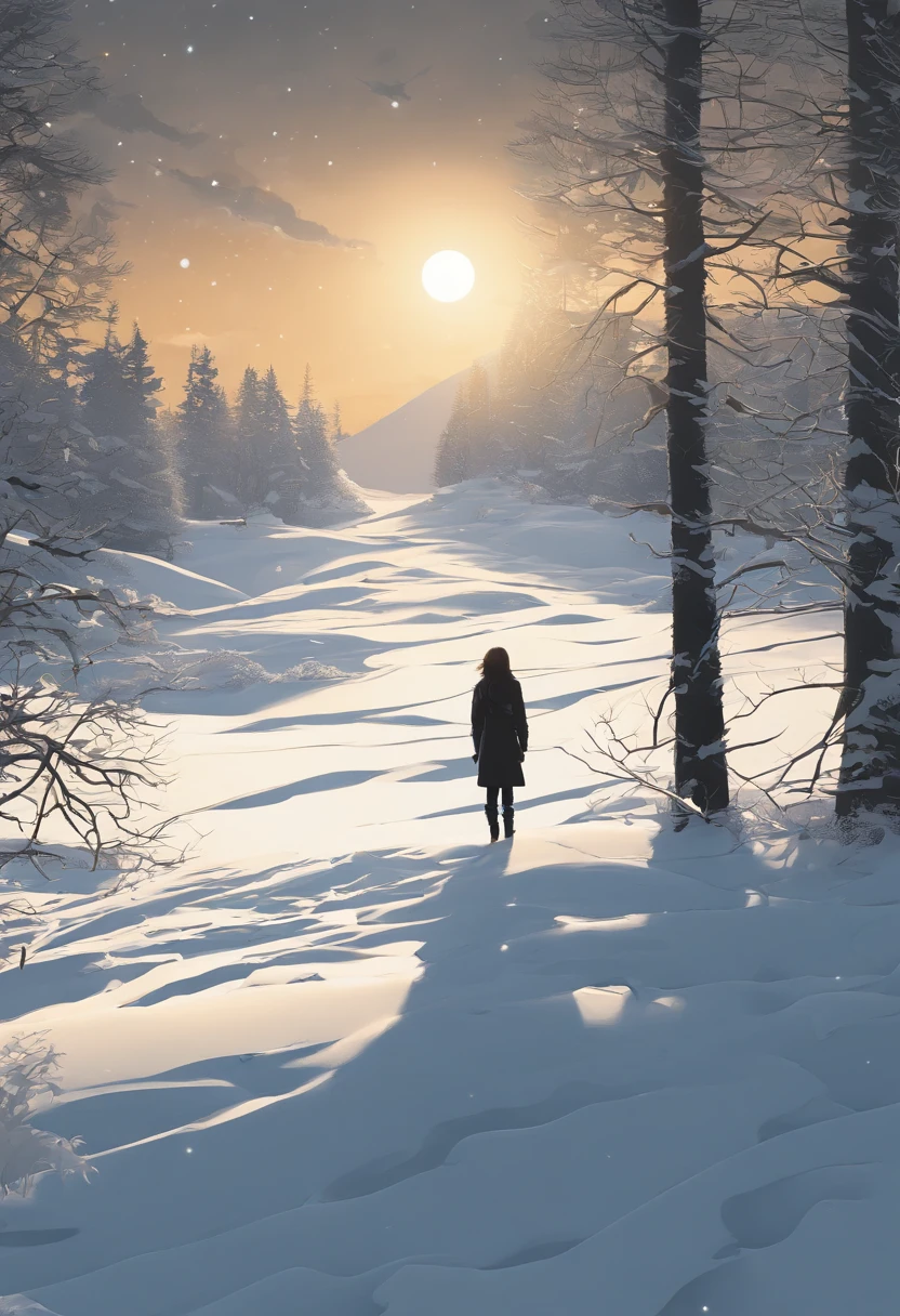 1 girl waiting for her lover in the snow, ((Golden ratio}} After a long night in the forest、The sun is rising, Snow all over the place、sensual painting, Beautiful expressive paintings, Wadim Kashin. Ultraphotorealism, Louise Ross, masterpiece、top-quality、morning、a closeup、with light glowing、Happiness、Fresh morning sunshine、(Spark:0.7) 、landscapes, (masutepiece, Best Quality, High quality, hight resolution, Ultra-detailed),
