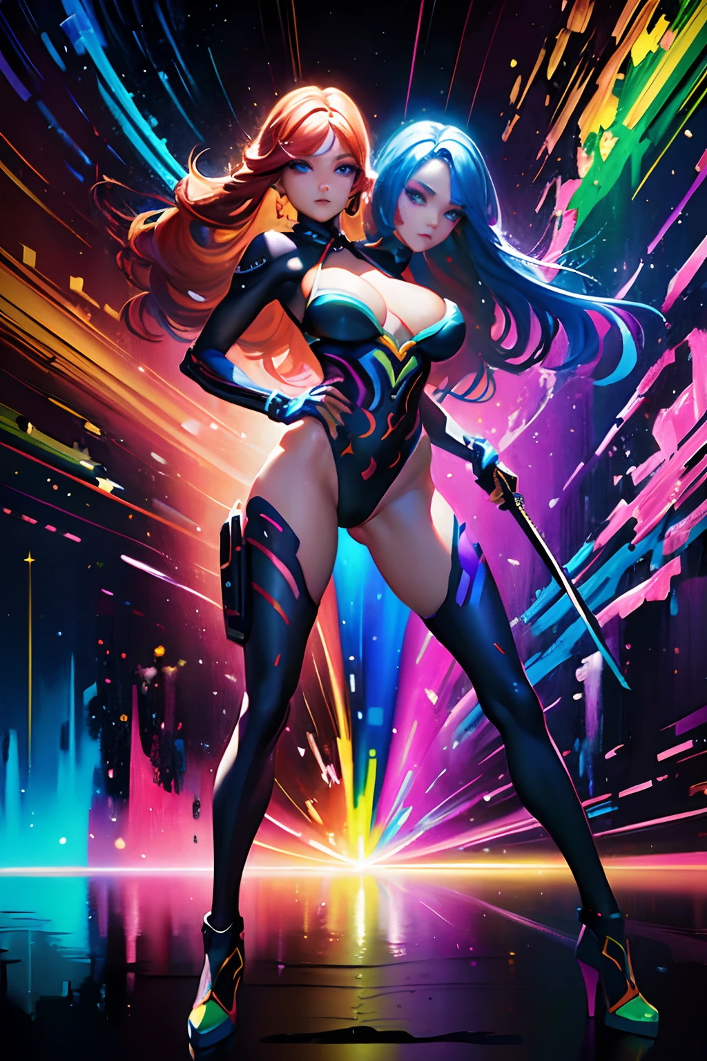 (masterpiece, best quality), best resolution, (2heads:1.5), 1girl, Woman with long light hair and bright makeup, perfect clear face, perfect anatomy, painting of a, Vivid neon ink painting, Vibrant digital painting, mecha suit, katana, Vibrant digital art, colorful art, art of alessandro pautasso, vibrant cartoon art, jen bartel, colorful digital art, Colorful paintings, Colorful Digital Painting, Hypercolor Digital Art, Vivid paintings, Full-color digital art, colourful drawing, vibrant fan art