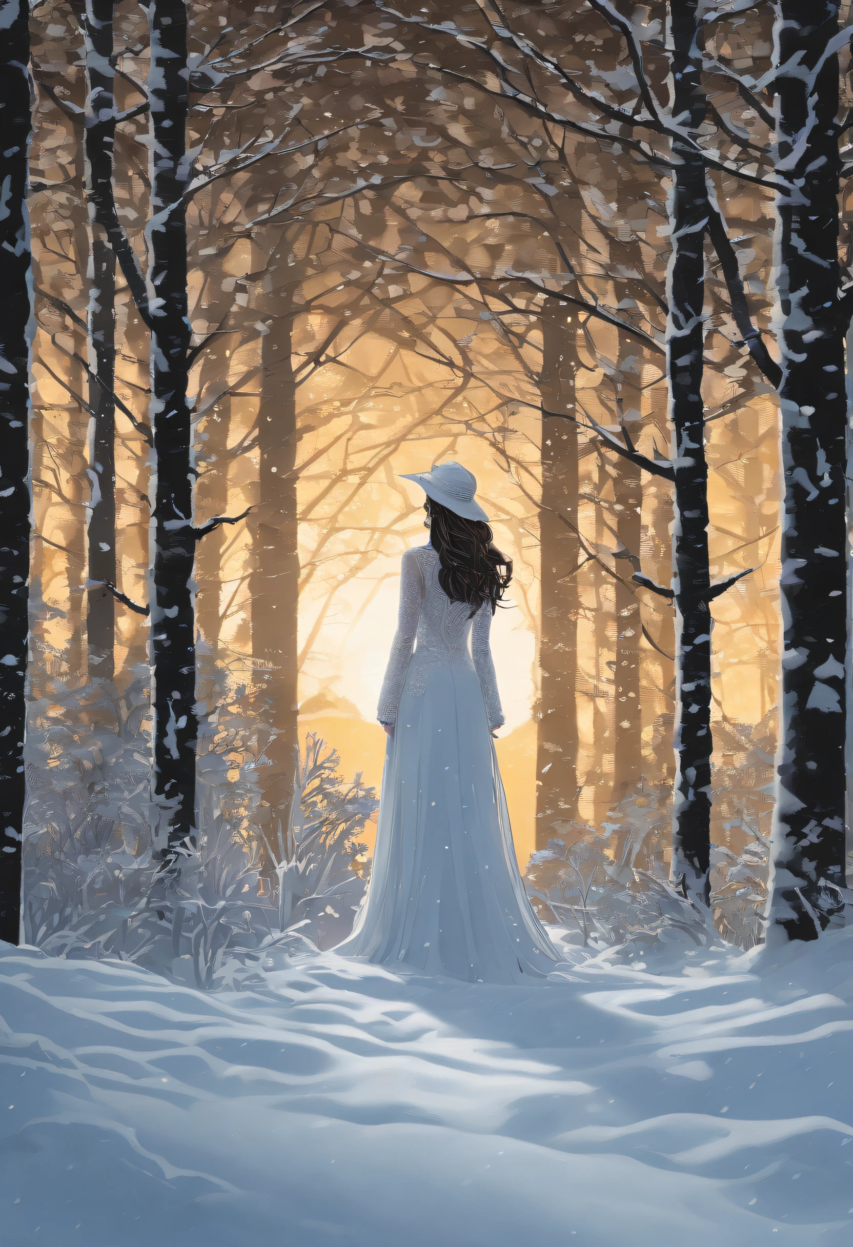 1 girl waiting for her lover in the snow, ((Golden ratio}} After a long night in the forest、The sun is rising, Snow all over the place、sensual painting, Beautiful expressive paintings, Wadim Kashin. Ultraphotorealism, Louise Ross, ​masterpiece、top-quality、morning、a closeup、with light glowing、Happiness、Fresh morning sunshine、(Spark:0.7) 、landscapes, (masutepiece, Best Quality, High quality, hight resolution, Ultra-detailed),