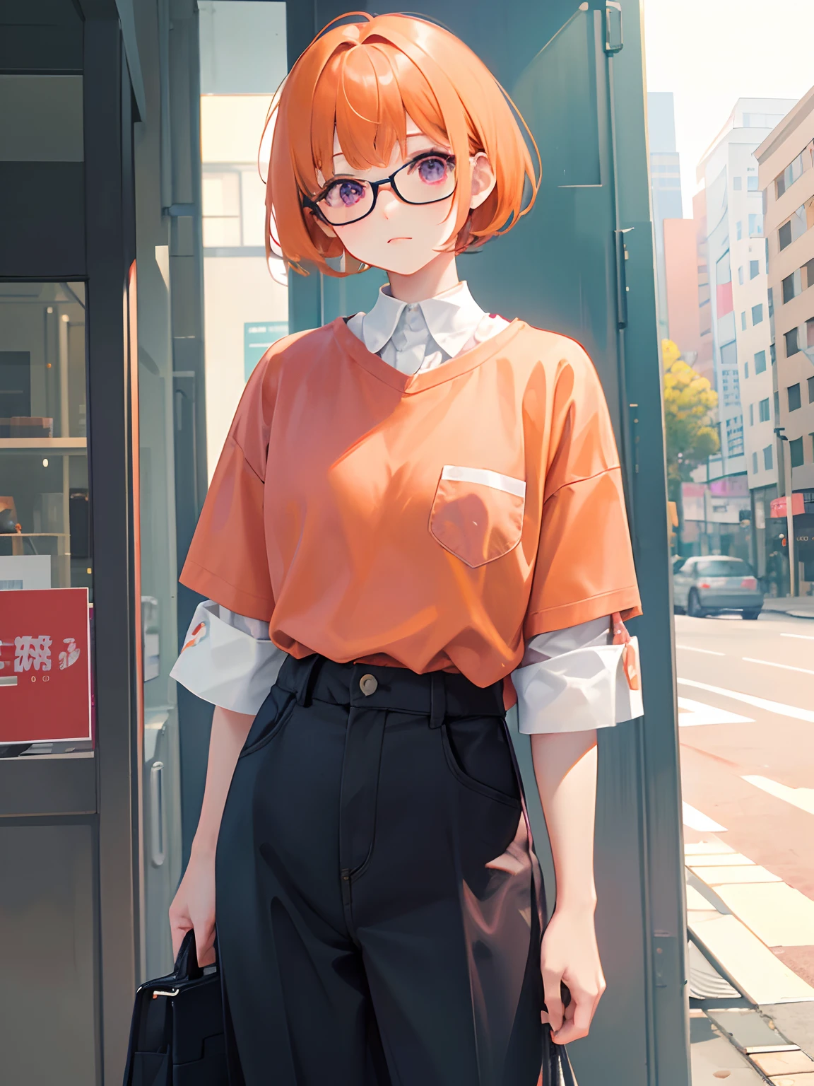 Pastel Orange、high-level image quality、Reddish-purple eyes、 Short hairstyle、Straight short、Orange hair、Kawaii Girl、 Wearing glasses、Classic Workwear、PastelColors、The upper part of the body, Delicate drawing、