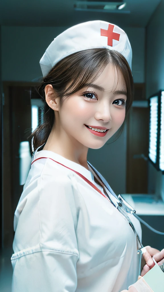 ((1 nurse,Manteau blanc、Basic Nurse Cap,Full body white,Short White Tight Skirt,Take a picture from next to her,Photo from above near her oblique,Take a photo from above,Look at me with a smile,Looking at the camera,look at a camera,Treatment room in a hospital room,holding a clipboard,Take photos from up close to her)),Colossal tits,hyperdetailed face、Wrap the stethoscope around your neck,二重まぶた、White clean teeth,Brown-eyed,Breasts are big,Emphasis on the chest,Emphasize body lines,Smile affectionately at me、Perfect makeup,Gentle expression、Beautiful lips,shiny lip,Detailed depiction of the background of the hospital room,Perfect litthing、Hyper-Realism、8K for the highest resolution,Award-Winning Works,masutepiece,Natural lighting,natural soft light)),((Looking at the camera,Big smile,White teeth,Perfect smile,A big smile staring at the camera),((high-definition RAW color photography, professional photograpy, extremely delicate and beautiful, Extremely detailed,finely detail, Huge file size,Top image quality,8K,Photos taken with a single-lens reflex camera))
