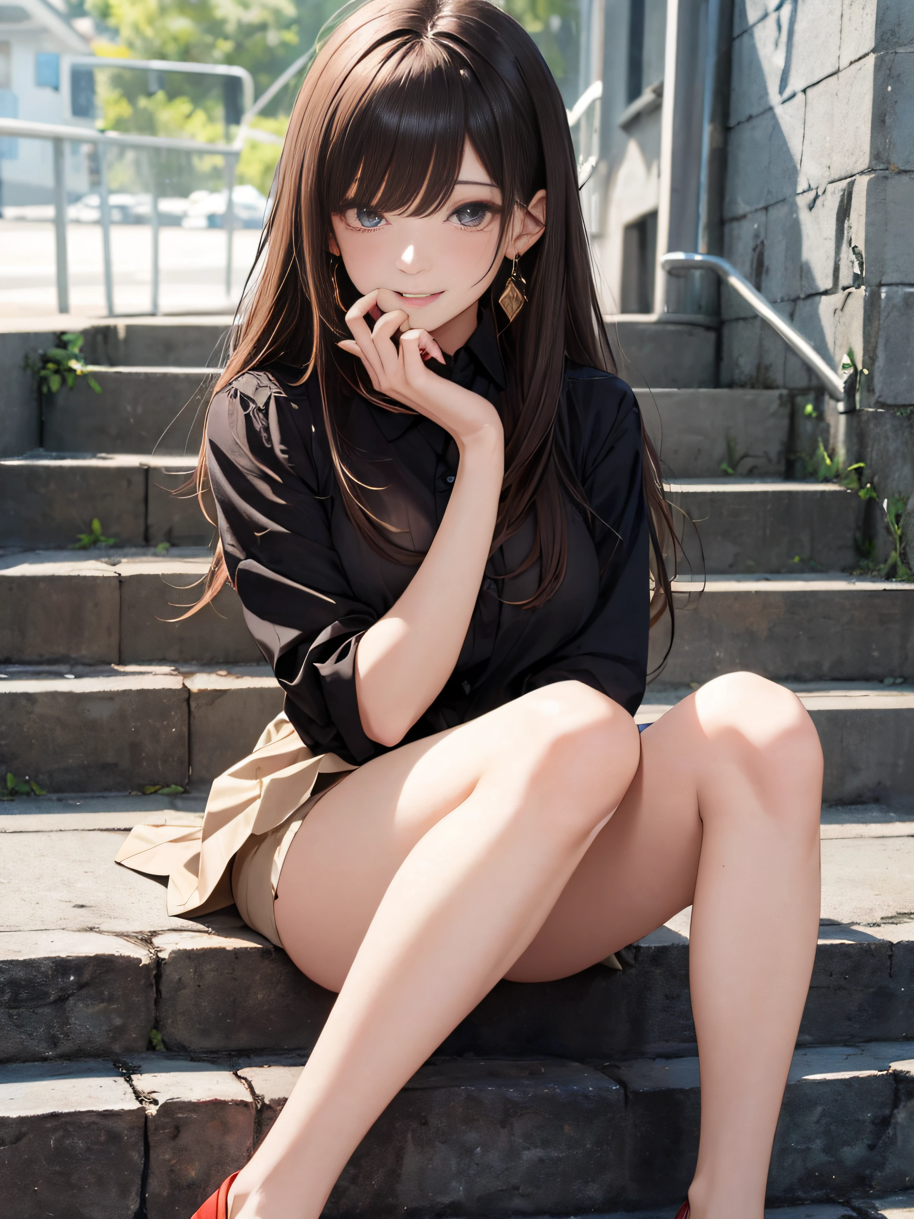 photorealisim、top-quality、超A high resolution、a picture、Extraordinary beautiful girl、Highlights of cheek luster、Detailed cute and beautiful face、(pureerosface_v1:0.008)、Beautiful bangs、Glowing white shiny skin、Bangs between the eyes、shiny and beautiful hair、Silky hair、finer hair、High-definition eyes、Beautiful, Bright and clear, Big eyes shine charmingly、eye liner、Double eyelids、Full body like、red blush、embarrassed from、shiny little necklace and earrings, shiny lips: 1.4, (Shy laughter)、Kamimei、red blush、Tears are embarrassing、(Tight white shirt)、((Beige flared skirt))、((Yellow lace panties))、((Open knees))、((open one's legs))、((Disheveled clothes))、((Dressing))、Puffy nipple、Neat and clean female 20-year-old female teacher、Brown hair, bangs flowing diagonally, Medium Wave Long Hair, Blue eyes, medium breast size, (sit on stairs)