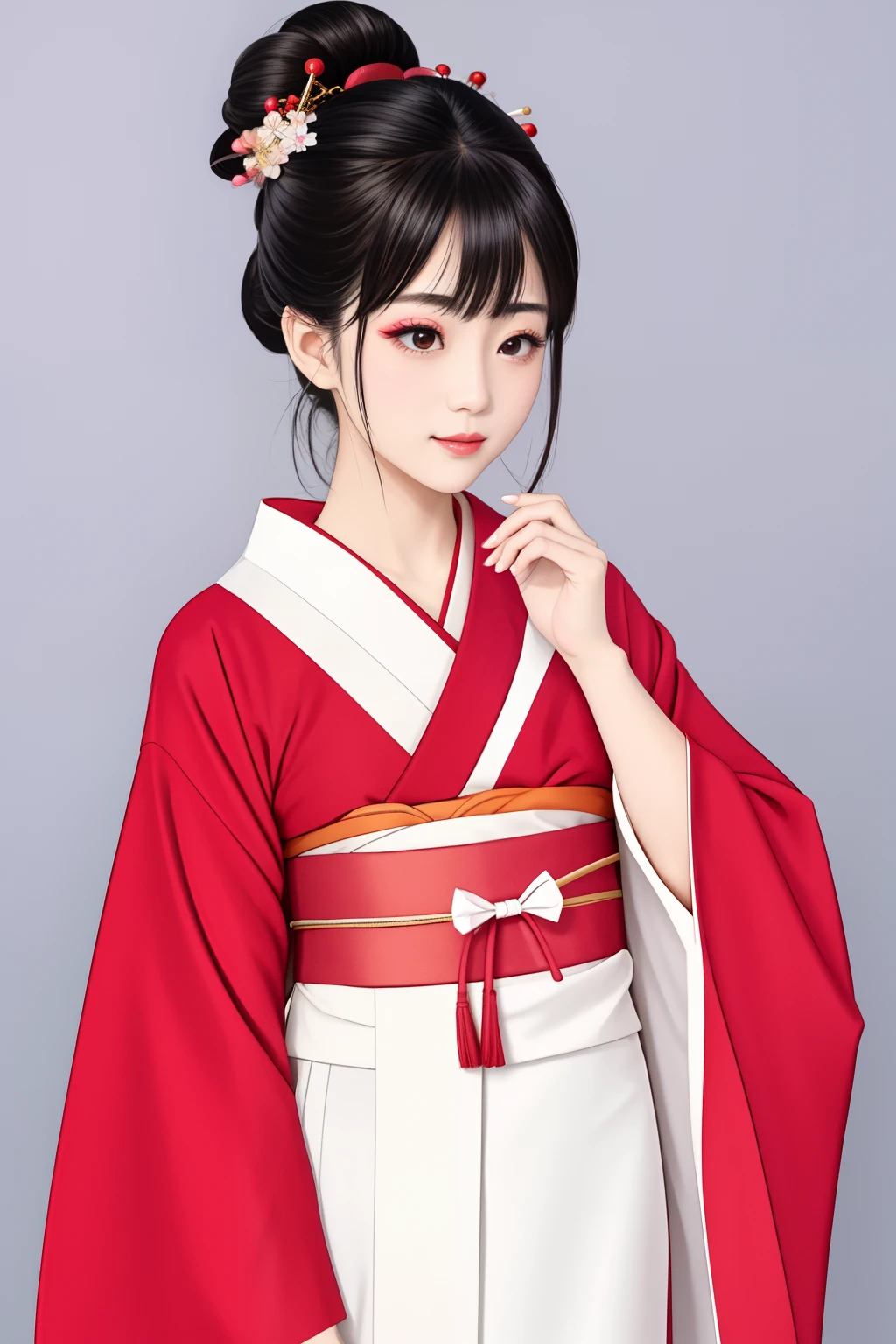 ((Big、a small face、No exposure))、top-quality、masterpiece、(Bun hair Black hair、Ponytail hair)、Brown eyes、⦅From the buttocks up is the whole body、Diagonally horizontal⦆、(4In K、masterpiece、hight resolution、Realistic and beautiful light and shadow、One girl、Solo Focus、(top-quality)、(Hi-Res)、(extremely delicate and beautiful)、(Beautiful 8k face)、(I close my eyes while smiling.)、(独奏)、(Clear skin)、(Soft hair)、(7headed body)、(Japanese style yukata kimono with red and pink checkered pattern isolated on white background、Beautiful girl in Japan wearing yukata)、((Hair in a bun))、((Tanabata decoration background))、((a small face))、(reality)、thin and small nose、(red lipsticks)、(Reddening cheeks)、(Lustrous skin)、((Ukiyo-e style))、Ultra-thin eyebrows、Ultra high image quality、(Wearing maiko-style makeup)、skin whitening、long and beautiful lashes、Lustrous skin that changes like a model in a Kyoto magazine、(Red-dyed cheeks),Nasal muscle