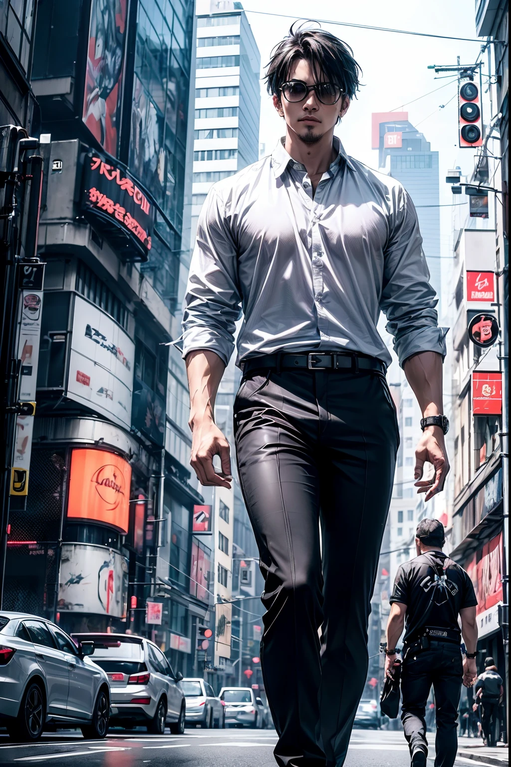 8K,Decadent middle-aged man,brunette color hair,delamination,Tired face,long sleeves shirt,eye glass,Crowded street,standing on your feet,confused,