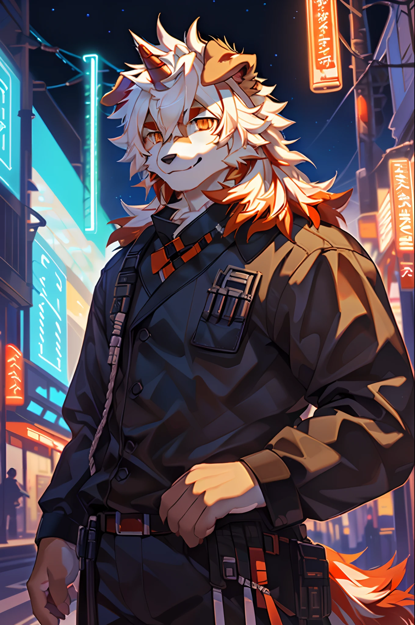 (by Hioshiru, by null-ghost, By personalami, by Honovy, by thebigslick, author：Fienhertz), Male, Solo, domestic dog, horn, Hung Arknights（Hong Ark Night Hotel）, floppy ears, clawed paws, Street attire, view the viewer, Smile, Neon lights，At night，masterpiece, best quality, official art, extremely detailed CG unity 8k wallpaper, ultra-detailed, best illustration, best shadow, perfect lighting, hung (/arknights/), white fur, furry male, dog boy, furry, two-tone fur, 1boy, multicolored hair, male focus, horns, streaked hair, dog ears, animal ears, single horn, brown fur, bangs, orange hair, white hair, medium hair, orange eyes, solo,