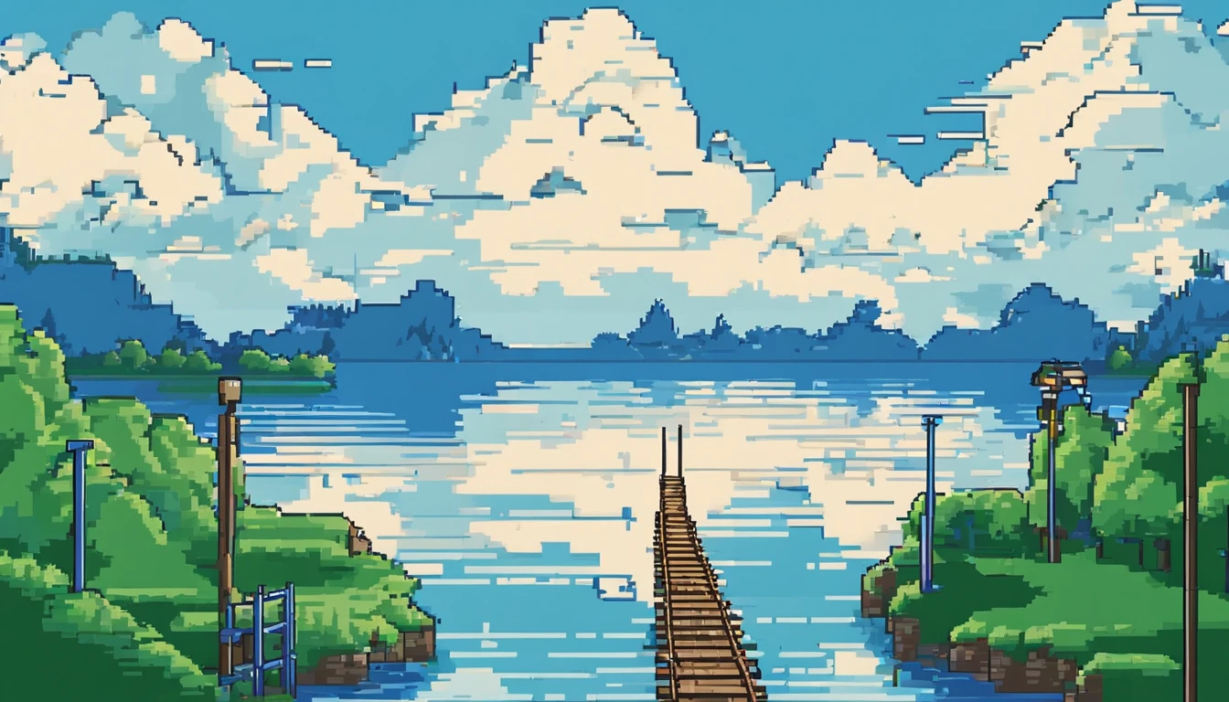 The lake and the sky are separated by a straight railway track。The lake is calm,Dark white clouds floating in the blue sky(Dynamic) (in style of hayao miyazaki)(idyllic) (comic strip)