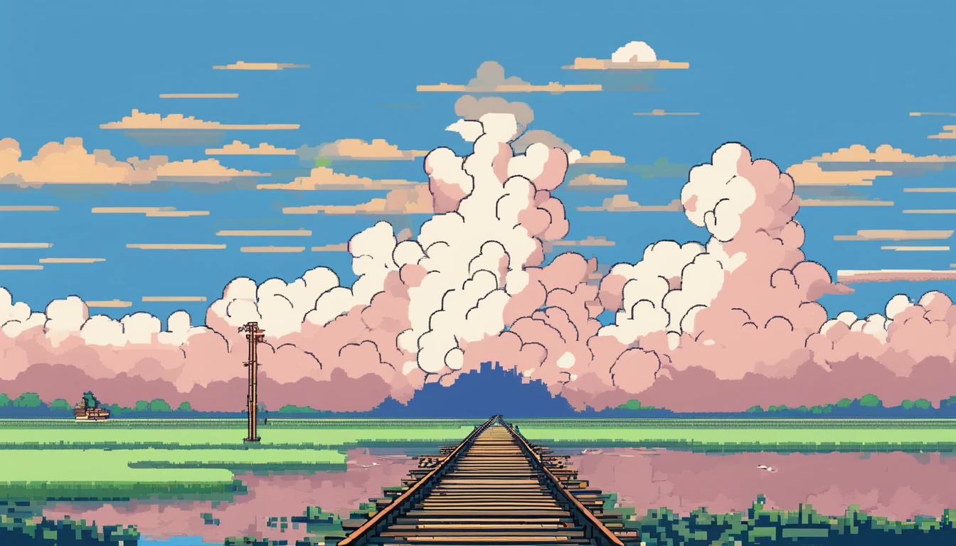 The lake and the sky are separated by a straight railway track。The lake is calm,Dark white clouds floating in the blue sky(Dynamic) (in style of hayao miyazaki)(idyllic) (comic strip)