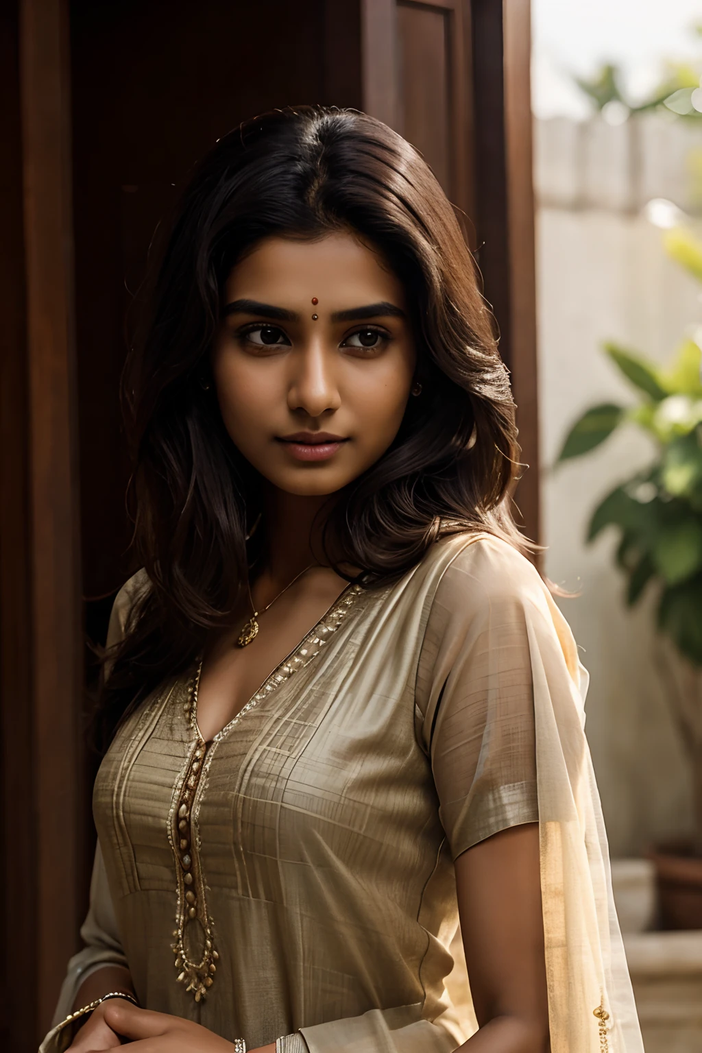 Crafting a compelling scene featuring a confident 23-year-old Indian woman with messy long, dark brown hair, fair skin, clear facial features, elegantly wearing a dupatta and kurti in a realistic 8K setting.