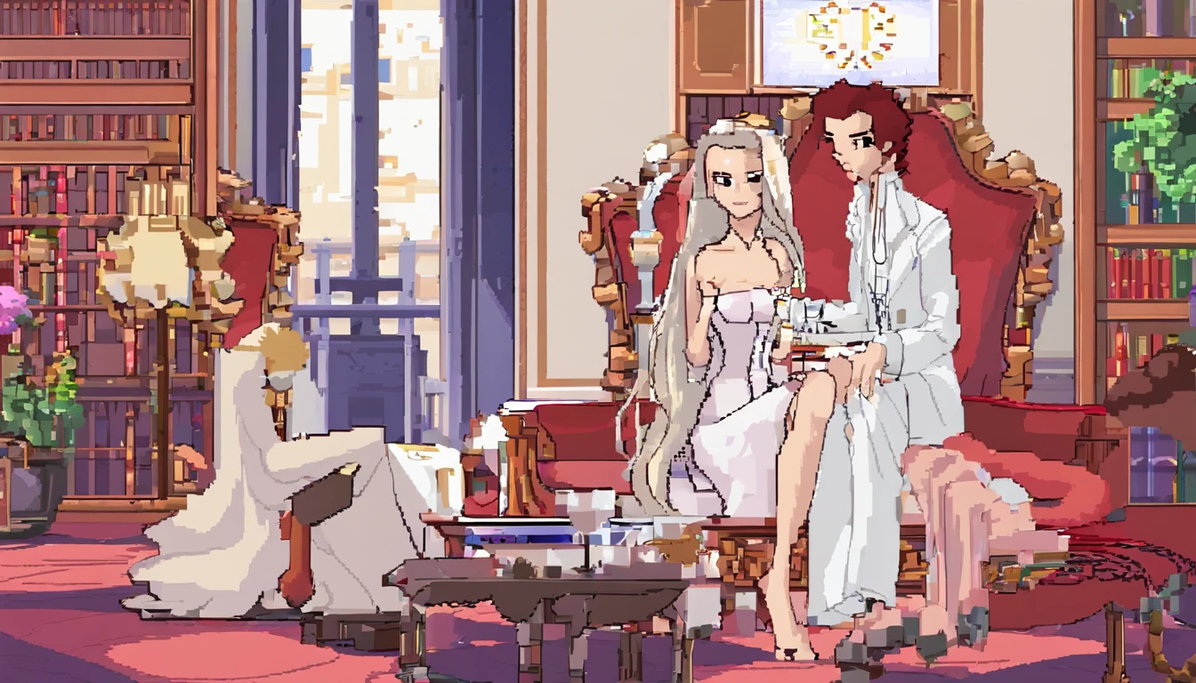 E Cup,sit a chair,Holding a glass of red wine in his hand,White hair,White eyes,Lady Style Coil Hair,White Dress,White pantyhose,expressionless face,Aristocratic party scene、(((NSFW)))