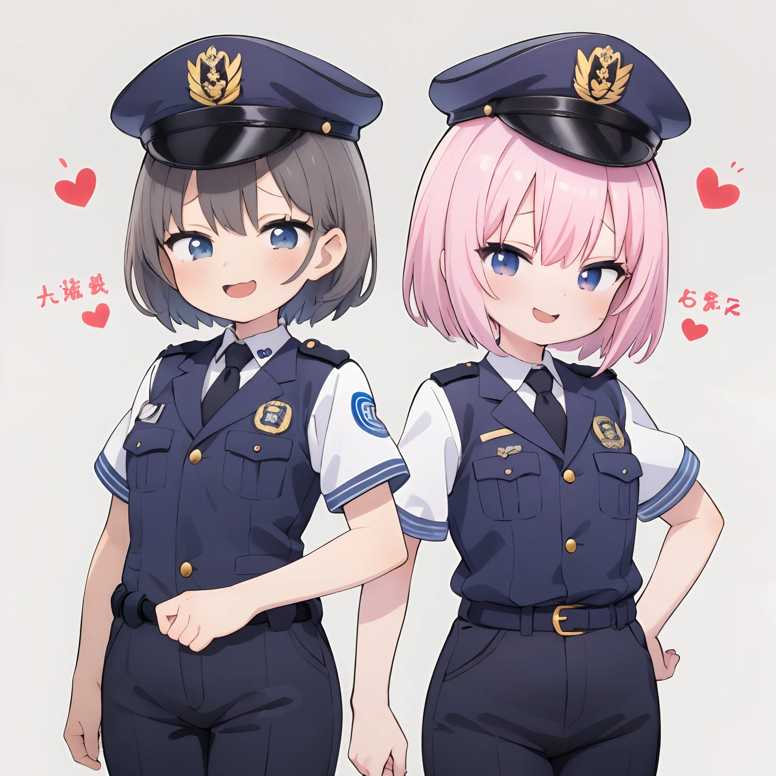 (Best Quality:1.2),(masutepiece:1.2), multipel Girls,hightquality、hight resolution、High quality、2girls。policewoman。female cop。Lori。mesugaki,policeman's cap。(Yuri:0.7),Gray background, Same uniform,pink hair,yellow hair,flat breast,anime,