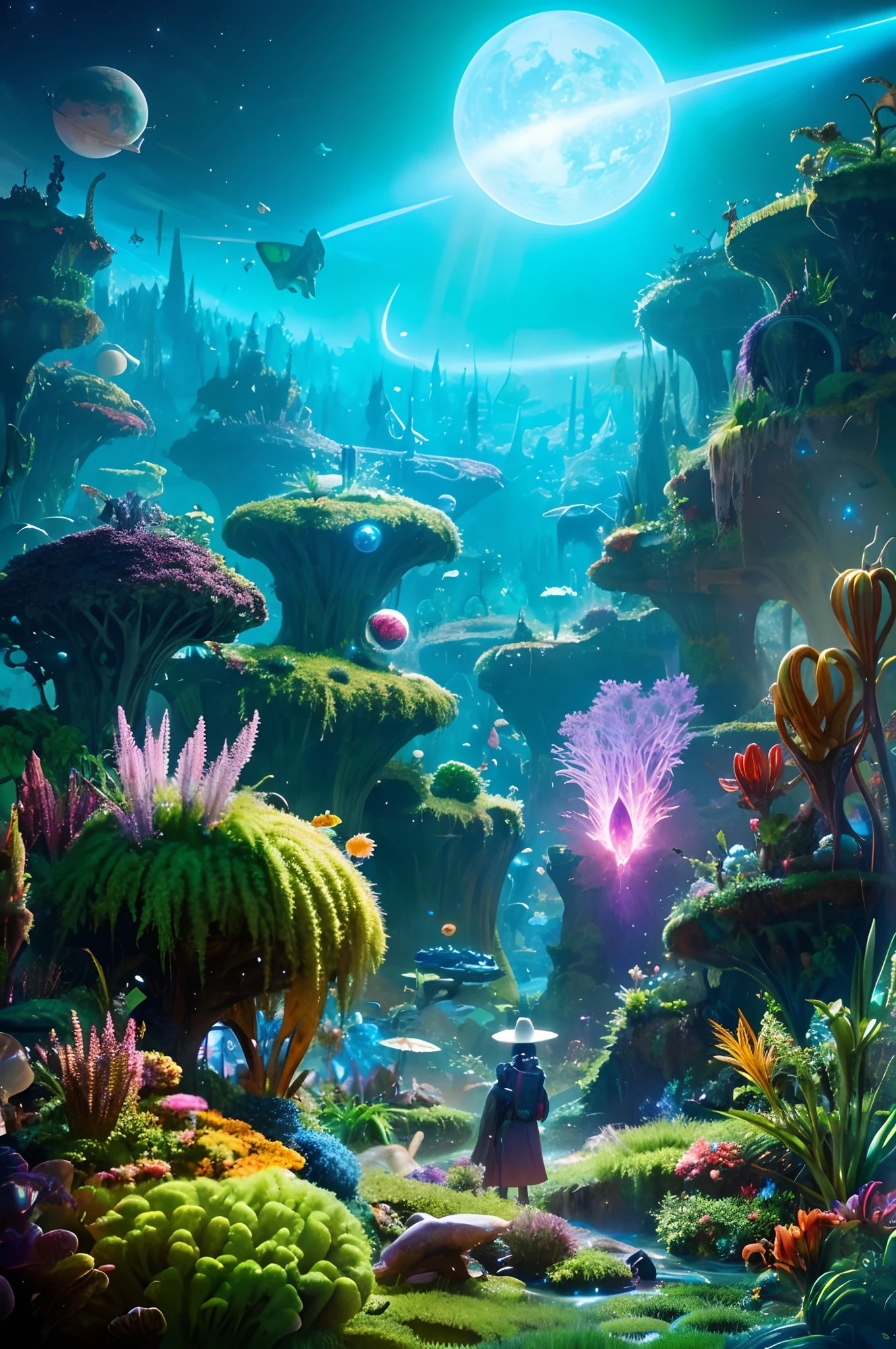 1. things: Luminescent plants, Unique and diverse creatures, Otherworldly landscapes, Formation of Unknown Ecosystems.
2. location: Spread to the planets beyond the Milky Way galaxy, An uncharted habitat full of luminescent plants and peculiar creatures.
3. Condition: Plants that emit a variety of colors, Coexist with the bizarre shapes of otherworldly creatures. The habitat is full of life force, bathed in a mystical atmosphere.
4. Theme Style: Fantastic and scientific, With the theme of unknown life, Expressed with digital art that emphasizes light and color.