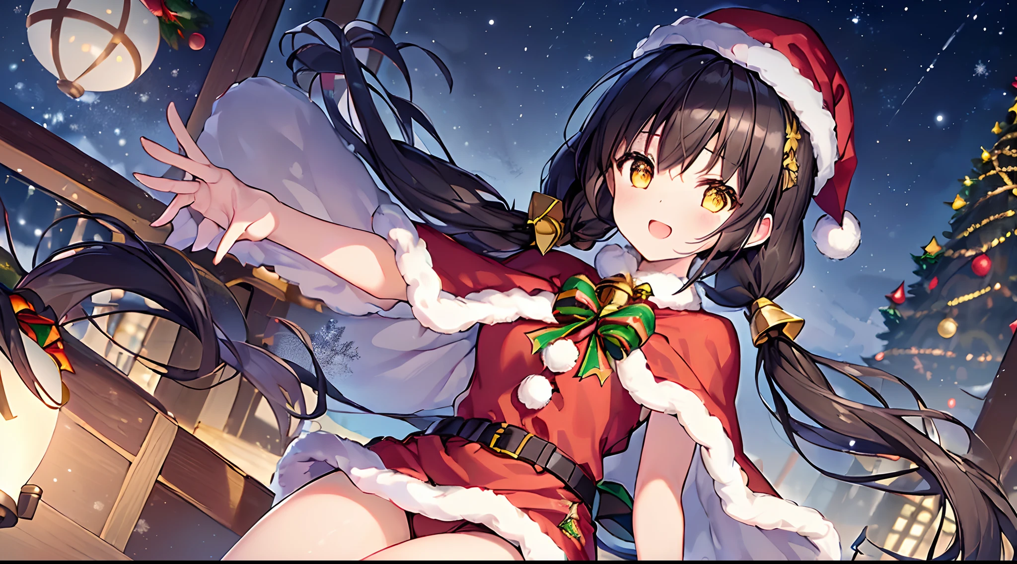(top-quality)、(​masterpiece)、(ultra-detailliert)、Beautiful girl alone、 student、cute little、(A dark-haired:1.6)、(Longhaire:1.4)、((low twintails:1.3))、(A smile)、Mouth open、(yellow  eyes)、Clearing the eyes、drooing eyes、Yellow hair tie、medium breasts、Slender feet、Bright city lights、(Christmas:1.3)、(Yuki:1.2)、(Sit on a flying sleigh:1.3)、gift box、plein air、(Christmas tree)And the background of the illuminated city、Christmas Costumes、Fur trim、Striped ribbon&Capelet with bell、(black thighs)、(Short sleeve)、long length、stretching arms up、floating、reaching out her hands、starrysky、Happy、santa hat、From  above、Opera Globe