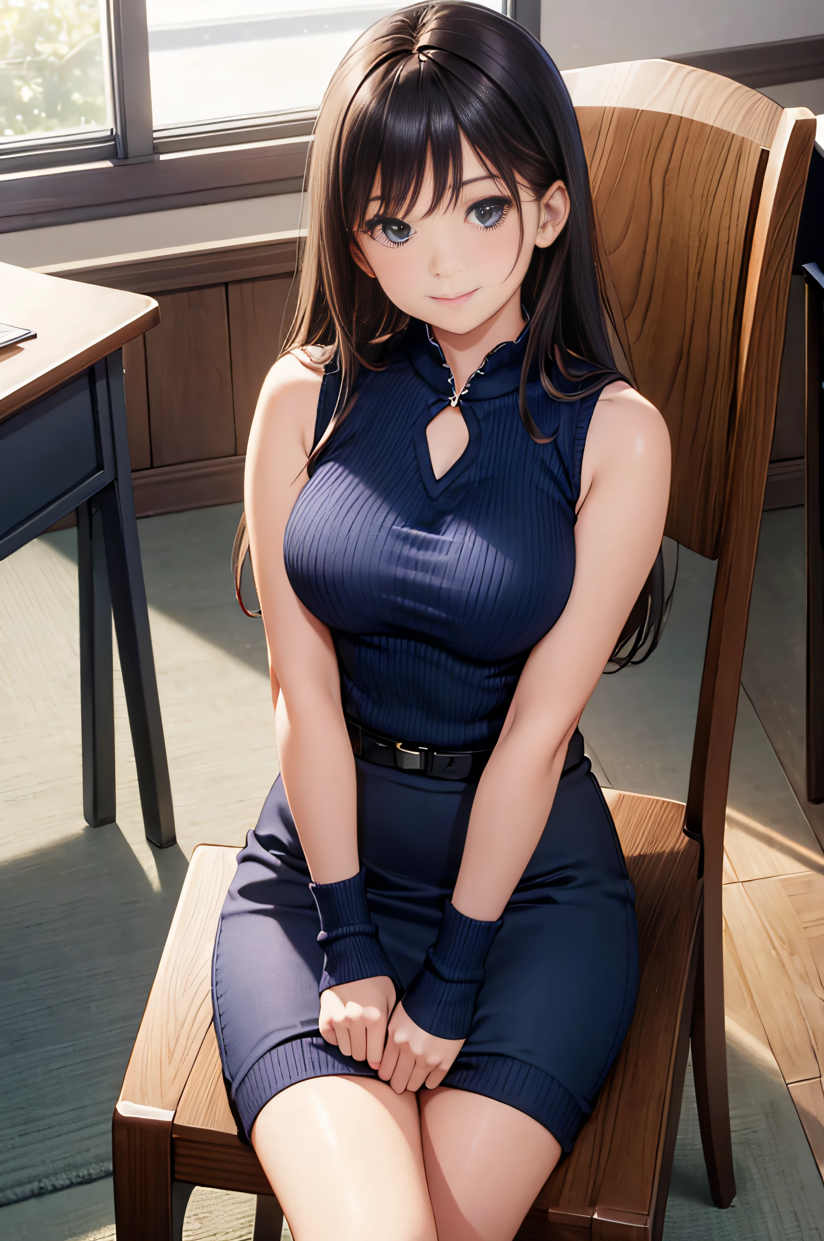 (High quality, High resolution, Fine details, Realistic)、Dark Blue Sleeveless Knit、pencil skirts、 20 years old, governess、Classroom、sit a chair、Smile、medium udder、Raise your arms above your head、Emphasis on the chest