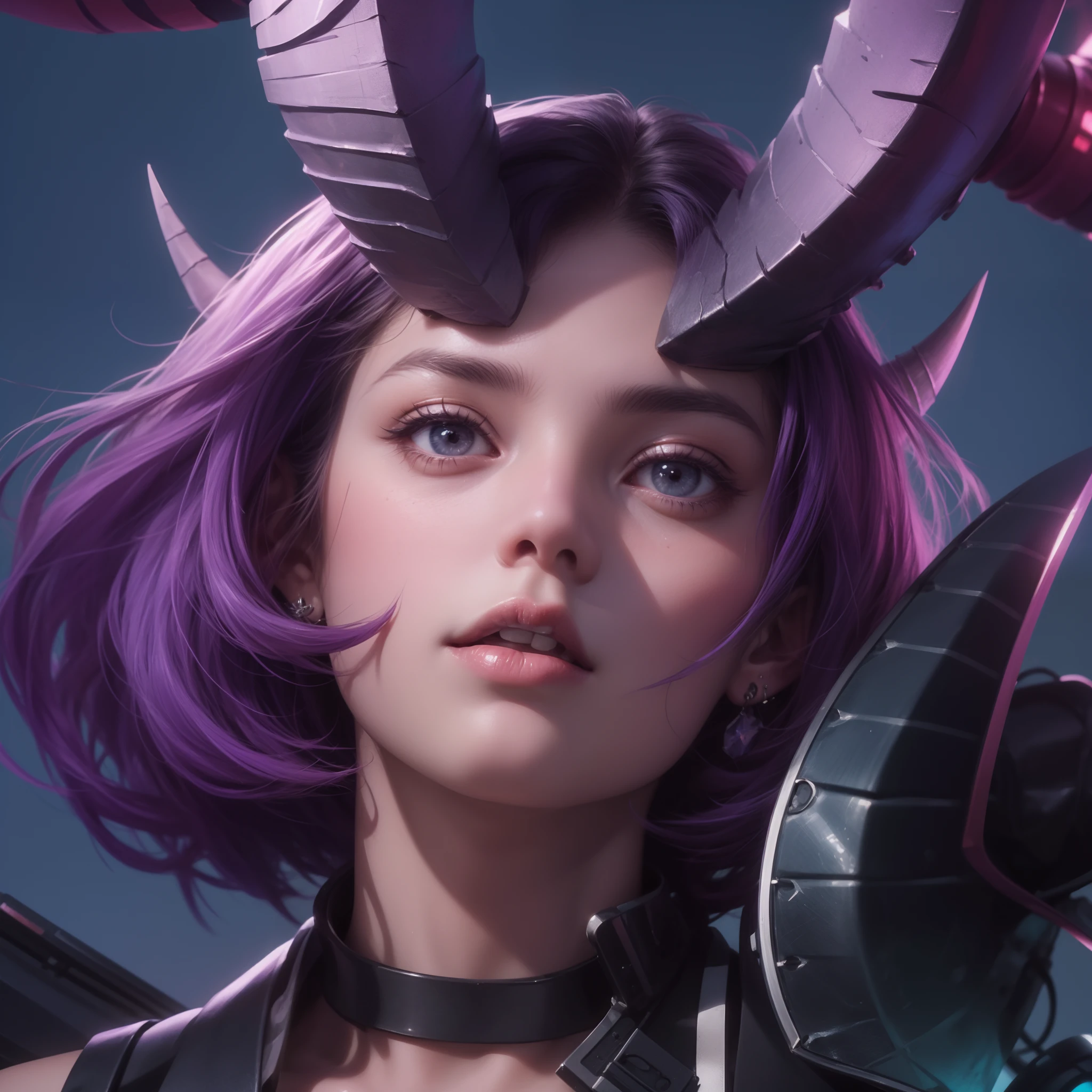 (max resolution: 1.2), (Ultra HDTV: 1.2), 8K resolution, Eye and skin details, detailed facial features, , (Sharp focus: 1.2), (Focus focus) facial expressions: 1.2), Portrait 1Girl, cool, (Short hair), Purple hair, Horned, Wearing earrings, Looking towards viewer