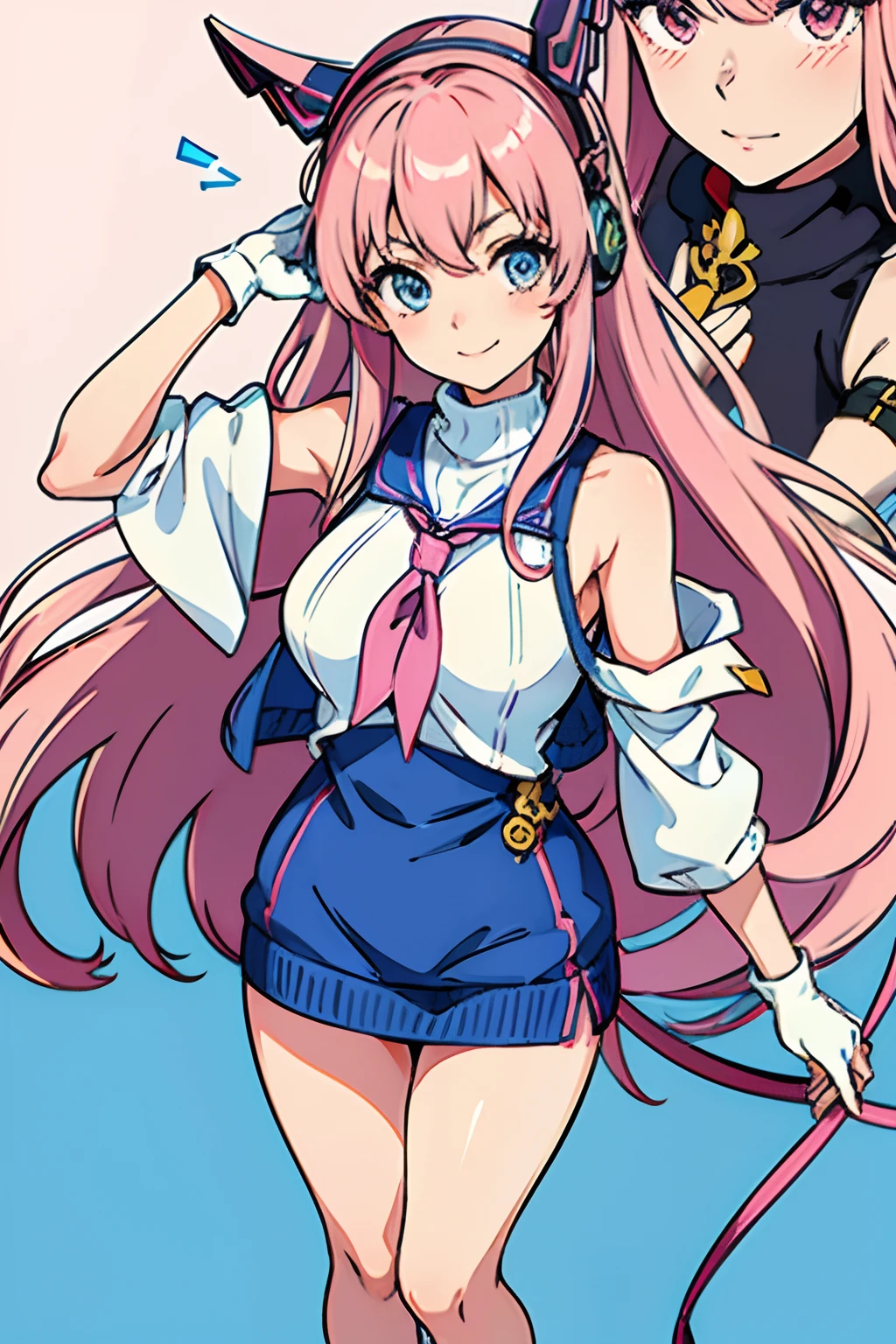 masterpiece, highres, 1girl, goddess of victory: nikke, pepper_(nikke), ペッパー(勝利の女神_NIKKE), beautiful face, detailed face, pink hair, bangs, headphones, gloves, blue neckerchief, sweater, thighs, blush, smile, large breasts, full body, bare shoulders, eyebrows visible through hair, headgear, long hair, looking at viewer, sweater dress, vest, standing