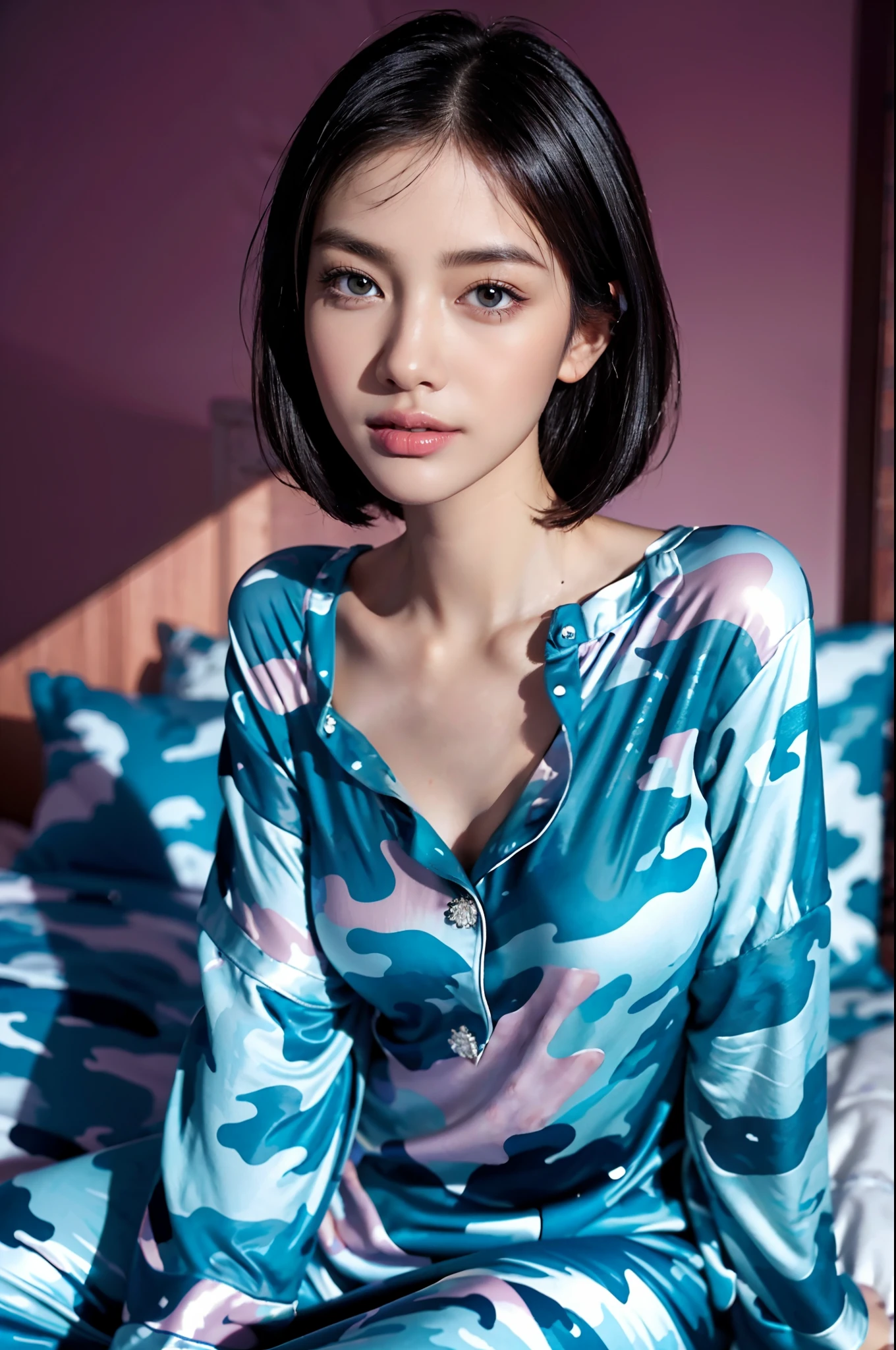 (shoulder-length straight black bob hair:1),（Extremely meticulous CG),(((8k))),wallpaper，（Extremely refined and beautiful），（Masterpiece:2.0），（best qualtiy:2.0），（Ultra High Resolution:2.0），beautiful light up，Perfect lightning,realistic shaded，[A high resolution],(Smooth and flawless fair skin:1.5),Extremely exquisite  details,ultra - detailed,A  girl，small head,small face,Exquisite makeup,red lips,dawn,dim light,Close Shot,at home,in bedroom,blue green wall,Yellow curtains,(sitting on bed:1.5),(laughing:1.2),happy,from front,(perfect body:1.1),small breasts,flat chest,slim,thin,(Blue camouflage pajamas dress:1.5),(femal orgasmic:1.5),(blush:1.3),(close-up of face:1.2)