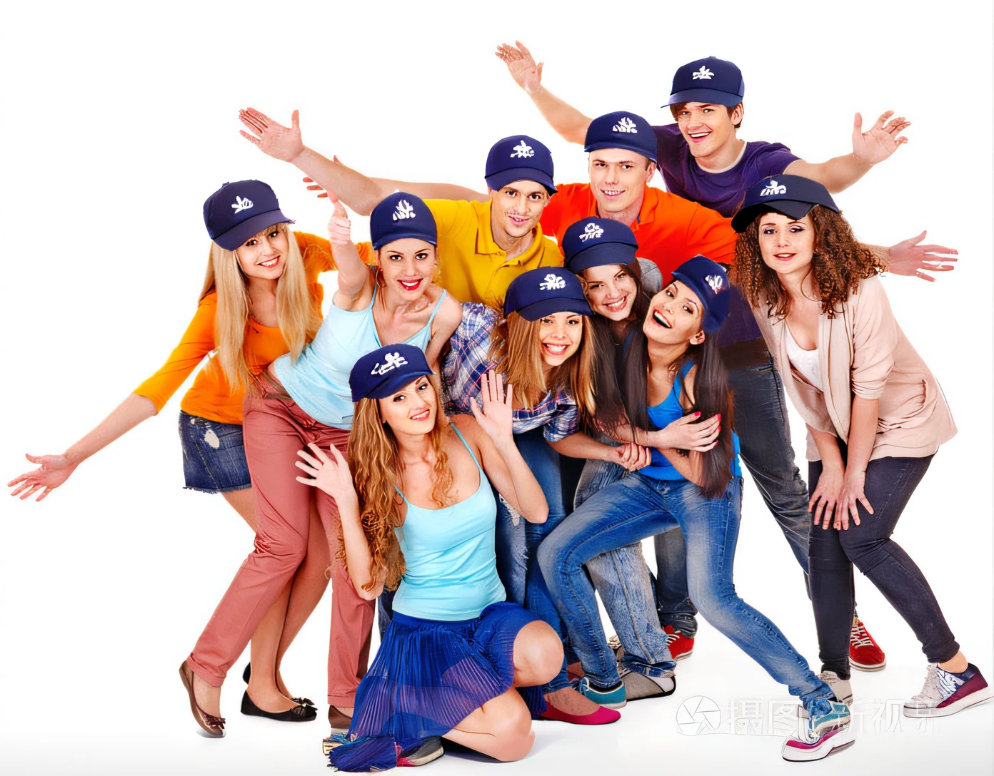 A group of young people pose for a group photo, Wearing a baseball cap, The face of the person in the retouched image